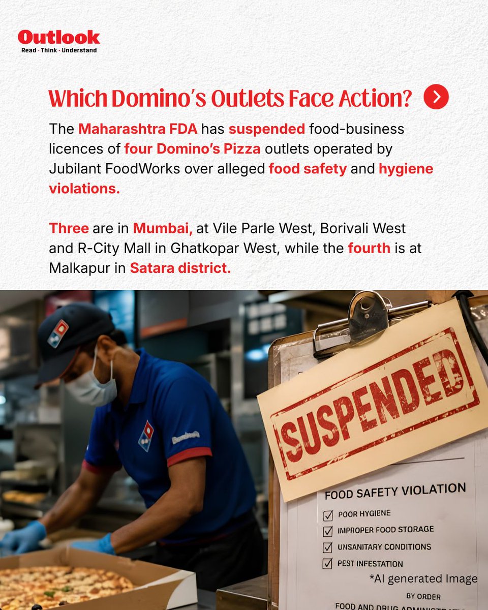 Outlookindia's tweet photo. Four Domino’s outlets in Maharashtra have lost their food-business licences after FDA inspections flagged alleged hygiene and food safety lapses.

Three of the outlets are in Mumbai, while another in Satara recorded around 40% non-compliance. The action comes amid Maharashtra FDA’s wider crackdown on restaurants and food establishments across the state.

#Dominos #MaharashtraFDA #FoodSafety #TukaramMundhe #OutlookIndia