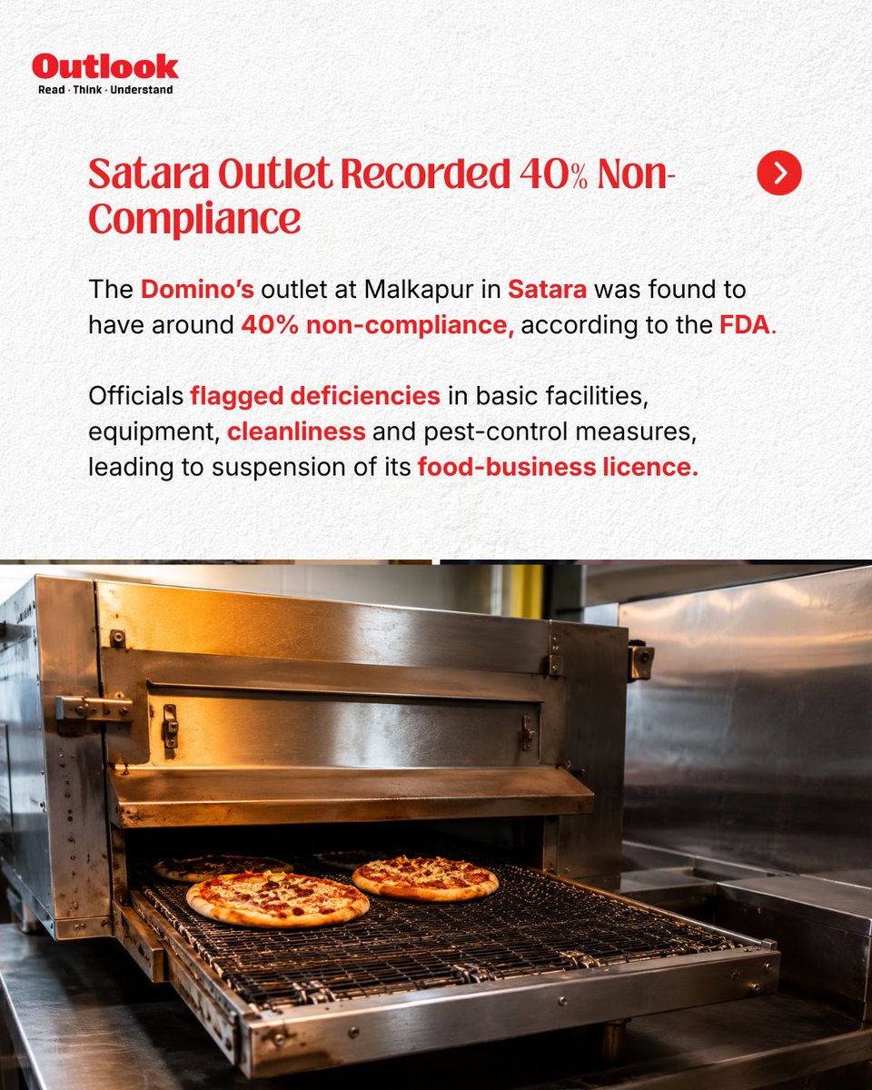Outlookindia's tweet photo. Four Domino’s outlets in Maharashtra have lost their food-business licences after FDA inspections flagged alleged hygiene and food safety lapses.

Three of the outlets are in Mumbai, while another in Satara recorded around 40% non-compliance. The action comes amid Maharashtra FDA’s wider crackdown on restaurants and food establishments across the state.

#Dominos #MaharashtraFDA #FoodSafety #TukaramMundhe #OutlookIndia