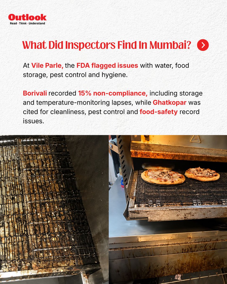 Outlookindia's tweet photo. Four Domino’s outlets in Maharashtra have lost their food-business licences after FDA inspections flagged alleged hygiene and food safety lapses.

Three of the outlets are in Mumbai, while another in Satara recorded around 40% non-compliance. The action comes amid Maharashtra FDA’s wider crackdown on restaurants and food establishments across the state.

#Dominos #MaharashtraFDA #FoodSafety #TukaramMundhe #OutlookIndia
