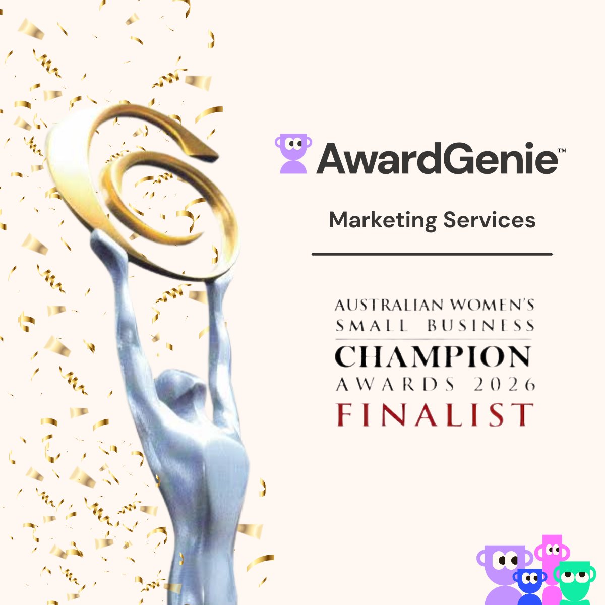 AwardGenie's tweet photo. 🏆 We’re finalists!

AwardGenie has been named a finalist in the Australian Women’s Small Business Champion Awards! 🎉

We’re proud to have our work recognised in the very awards space we’re helping businesses navigate.

#AwardGenie #AWSBCA #BusinessAwards #AustralianBusiness https://t.co/FA43s9lO6P