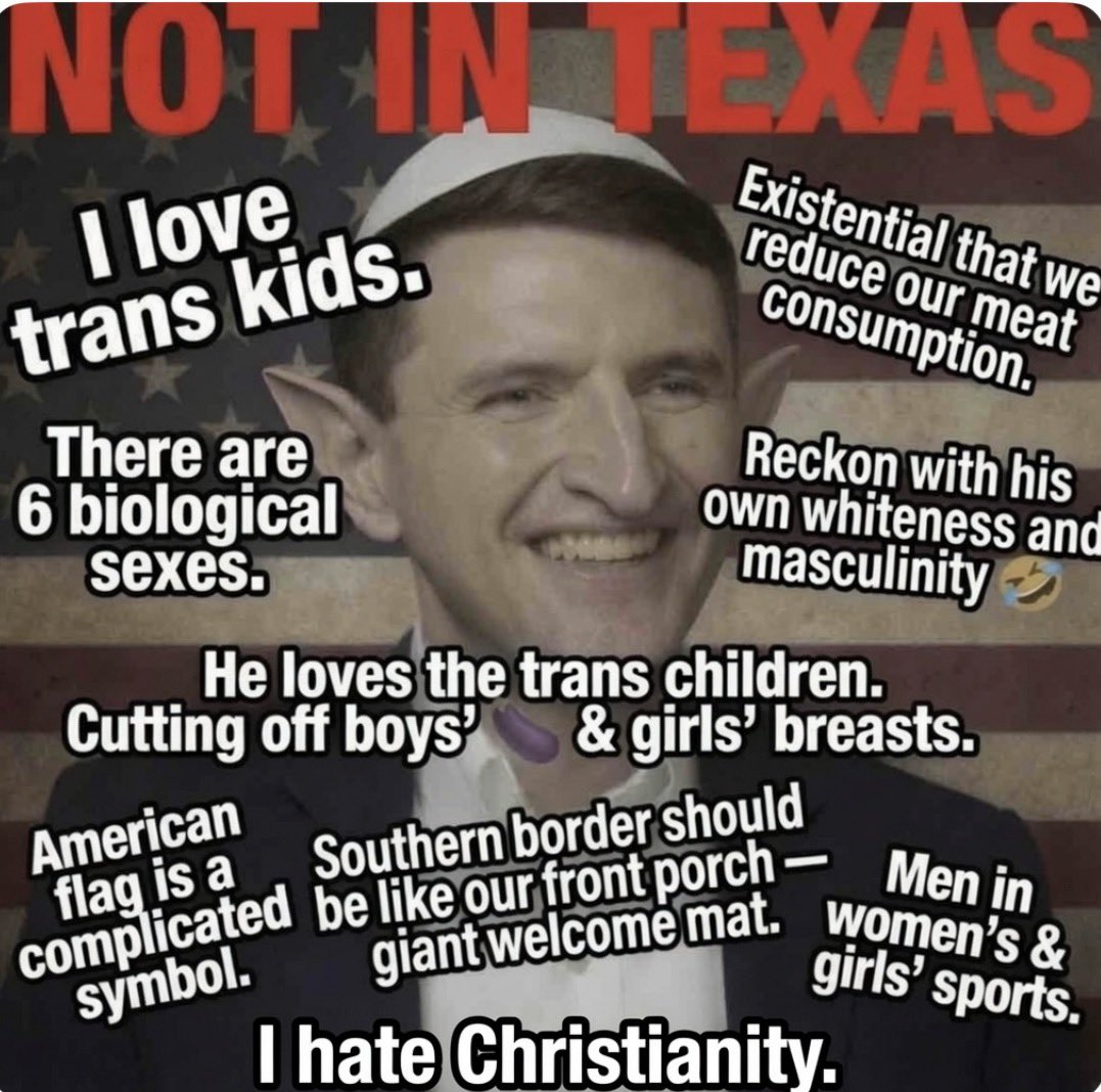 Daniel_Abbey92's tweet photo. “I hate Christianity.”
  —Talaricotz 

Talarico’s main financial backer is the America-hating multibillionaire Reid Hoffman, who was a close friend of Epsteįņ.

Talarico is on record saying that he loves trąns kids & hates Christianity.

⭕️ “Our southern border should be like a giant welcome mat.”
—Talaricotz 

✔️ Mass immigration doesn’t affect Talarico’s duaI national supporters; it affects the poorest communities the most.
