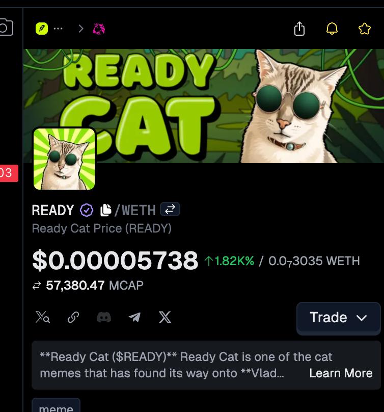 ReadyCatRH's tweet photo. We’re excited to announce that we’re now listed on GeckoTerminal! 🚀

Another step forward for the community.

LFG! 🔥

https://t.co/CX7NgzZC3c https://t.co/HpIZRl4Z0J