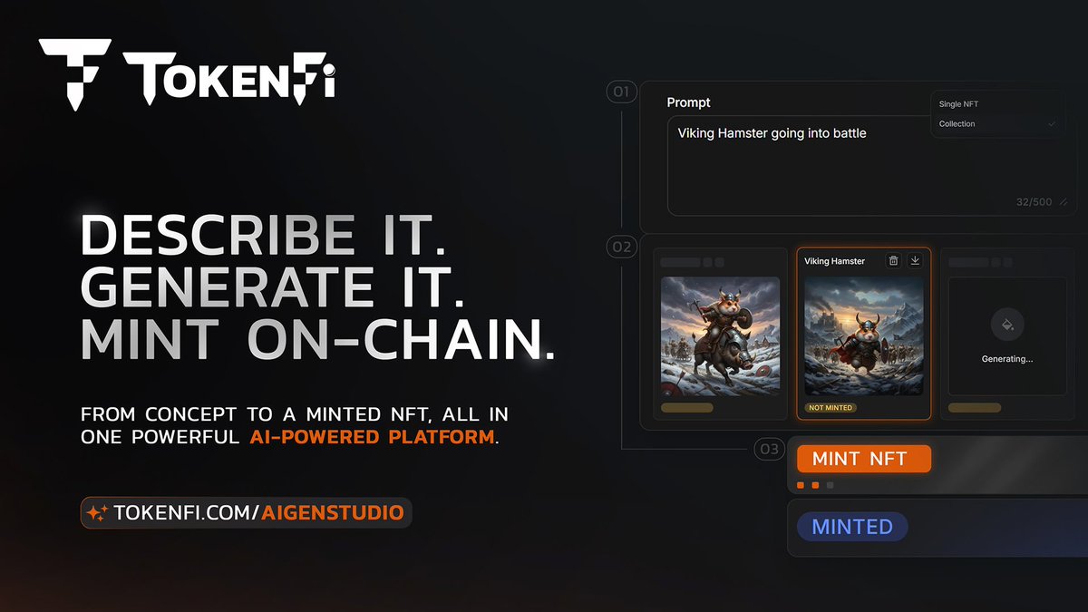 tokenfi's tweet photo. TokenFi AIGen Studio lets creators describe an idea, generate the artwork, and mint it on-chain in one flow.

From concept to live NFT collection, the entire process is handled inside a single, streamlined interface.

https://t.co/CONYOnpBDl https://t.co/yRcFFBIZ9L