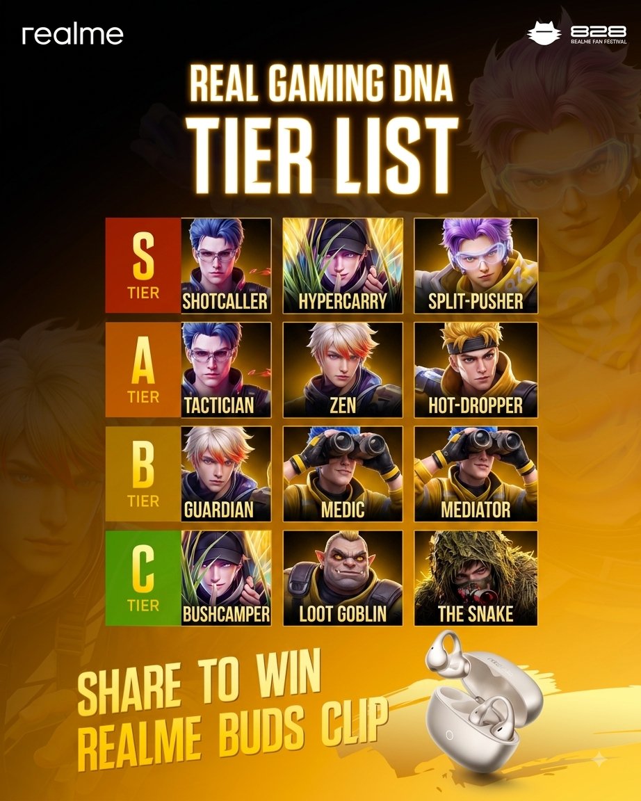 MrHunt141999's tweet photo. S-Tier is stacked with true game-changers! 🎮🔥 Here is my official #realGamingDNA Tier List for the #realme828FanFestival!
What’s your pick for the top tier? Drop it below! 👇
@realmeglobal #realme #realme828FanFestival #MakeYourPassionReal https://t.co/ifZsCHu83t