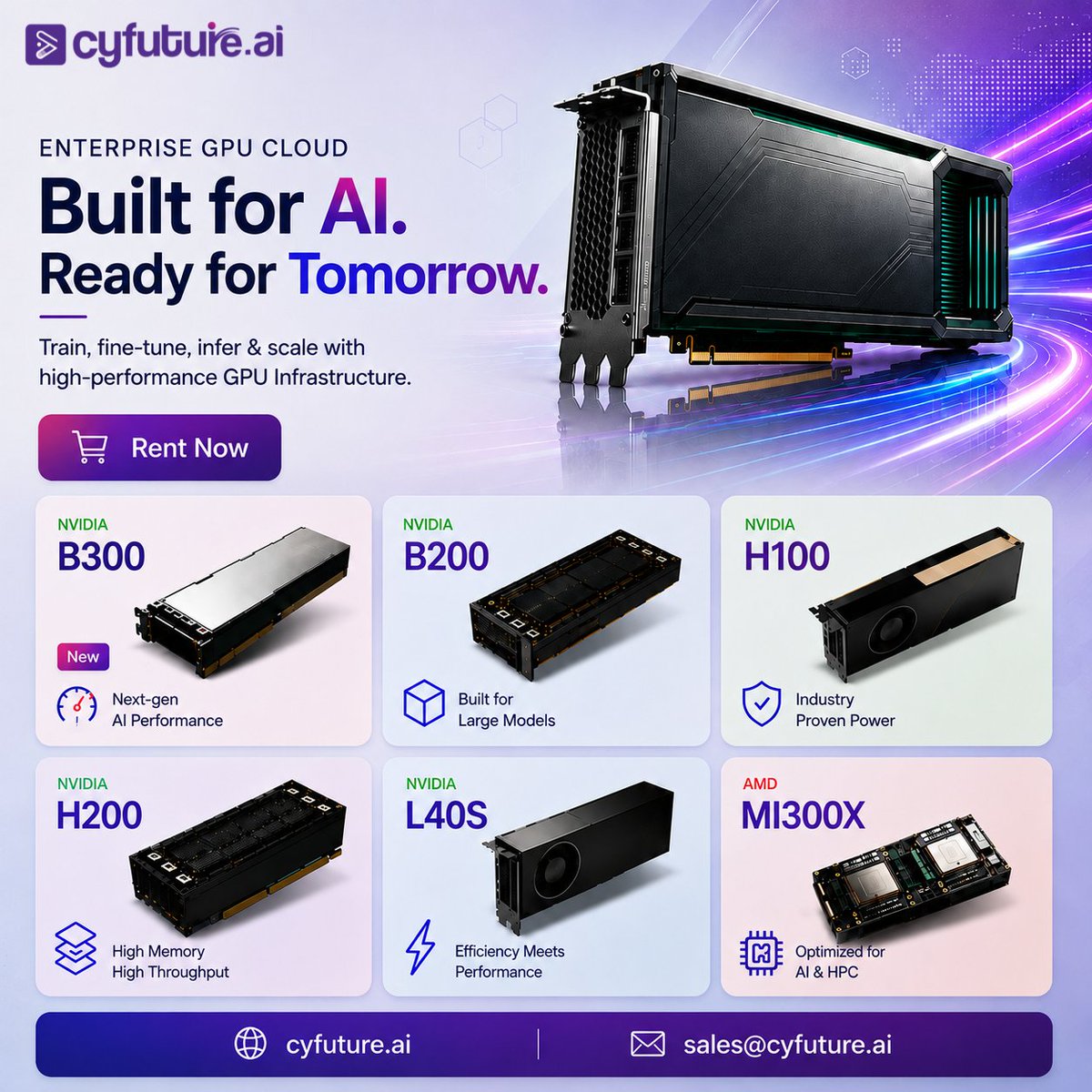 CyfutureAi's tweet photo. Scale AI with enterprise GPU power from Cyfuture AI.

NVIDIA B300 &amp; B200
H100 &amp; H200
L40S
AMD MI300X

Built for AI training, inference, fine-tuning, GenAI &amp; HPC.

Rent the GPU capacity you need and scale faster.

#GPUCloud #AIInfrastructure #GPUaaS #CyfutureAI https://t.co/zLuLFEYzEE