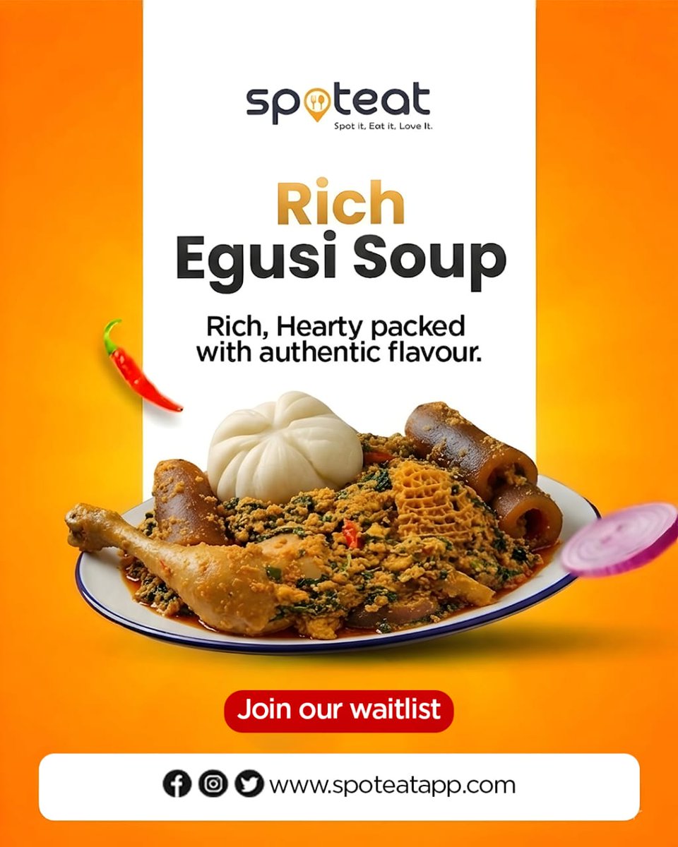 Spoteatng's tweet photo. Rich. Hearty. Authentic. 🍲✨
Indulge in a delicious plate of Spoteat Rich Egusi Soup, packed with bold flavours and made to satisfy every craving. One taste, and you’ll want more!
Order now and enjoy the taste of home.
#Spoteat #RichEgusiSoup #EgusiSoup #NigerianFood #AfricanFood #NaijaFood #Foodie #FoodLovers #AuthenticFlavour #DeliciousFood #OrderNow #TasteOfHome