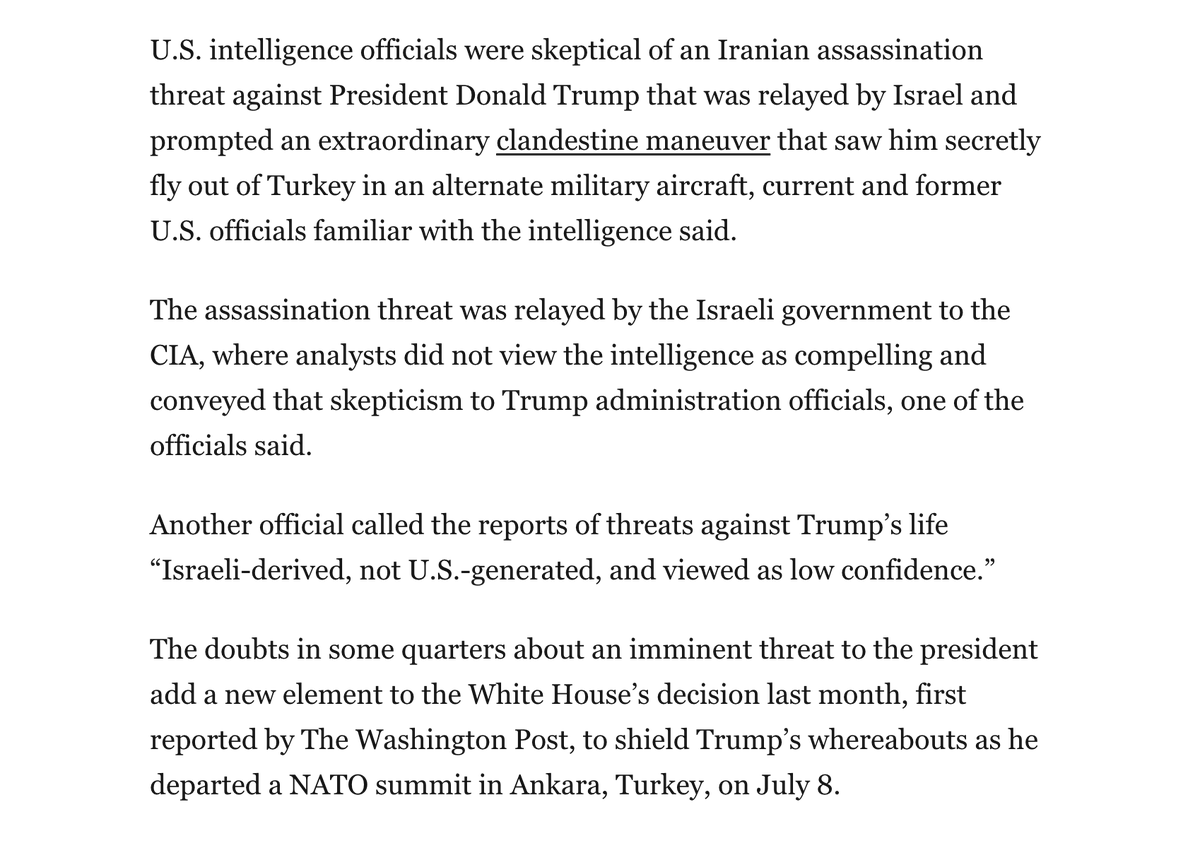 wyattreed13's tweet photo. The CIA is blaming Israel for the made-up threat that left Trump hiding inside a catering truck.

The claim that Iran planned to blow up Trump's plane was "Israel-derived, not US-generated, and viewed as low confidence," the CIA is telling their colleagues at the Washington Post. https://t.co/rLfQhX0jqS