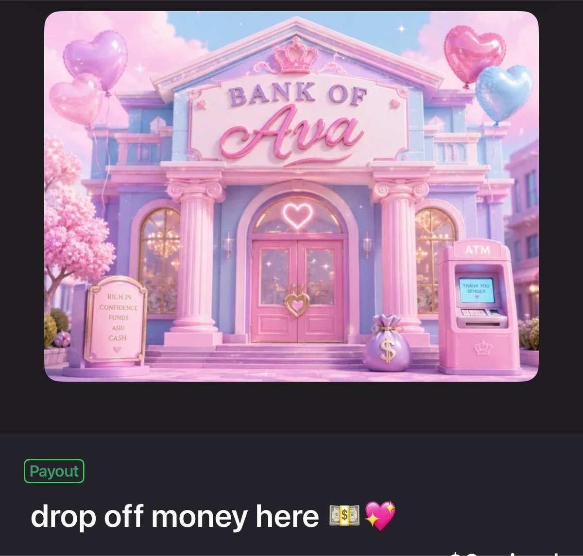 brattyavaa00's tweet photo. Bank of Ava is accepting deposits 💗🎀 come make yourself a little poorer https://t.co/N4CcM094Gi