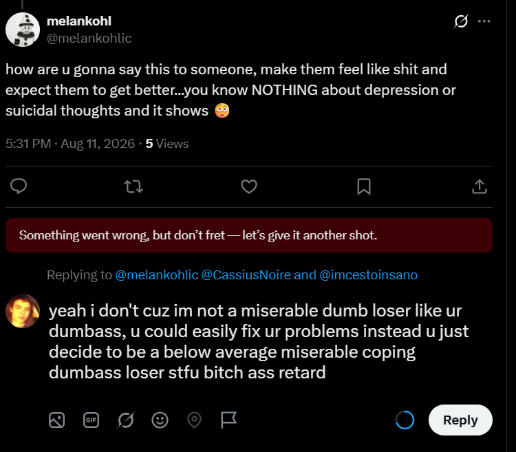 toptiernormie's tweet photo. @melankohlic yeah i don't cuz im not a miserable dumb loser like ur dumbass, u could easily fix ur problems instead u just decide to be a below average miserable coping dumbass loser stfu bitch ass retard https://t.co/qlX9kJKZEx