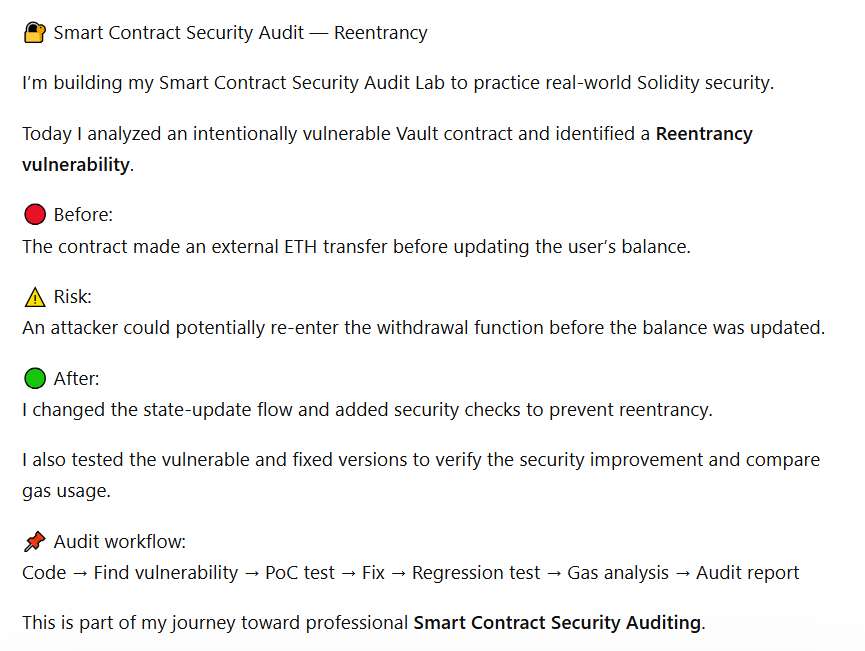 aksolutionize's tweet photo. 🔐 Smart Contract Security Audit — Reentrancy

I’m building my Smart Contract Security Audit Lab to practice real-world Solidity security.

 #SmartContract
 #Web3 #Blockchain
 #SmartContractSecurity
 #Ethereum
 #Foundry
 #CyberSecurity
 #Deficit200GCCeuta
  #Web3Developer https://t.co/kjr677Tvgi