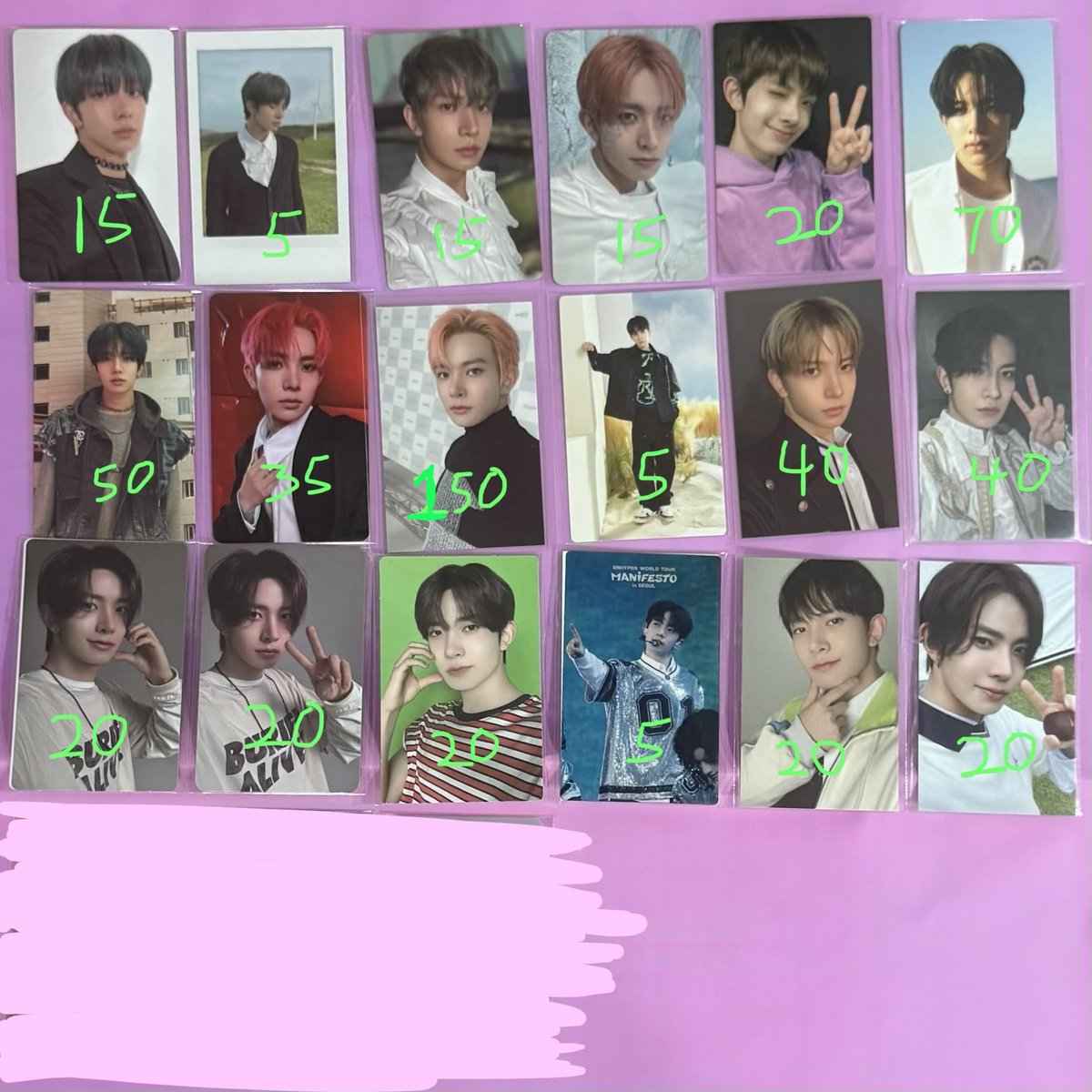 heewonkr's tweet photo. WTS

enhypen photocards 

❌ = sold
* = defect 

- on hand, will post asap
- all prices in picture
- minimum purchase 2 pcs 
- dm if interested!

#pasarENHYPEN #pasarenhypenmy https://t.co/5Mp1zyzNpz