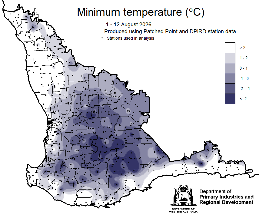 MeredithGuthr15's tweet photo. @DPIRDbroadacre Year to date rainfall maps and min temp maps for 1-12 August. Rainfall Borden  88 mm, Coomalbidgup (east Esperance) 488 mm. Lake King 8 nights below 2C and Wickepin North -6.6C! Hopefully a bit warmer for @FaceyGroup field day next Thursday! #climate https://t.co/UwY9Eo0Ozt