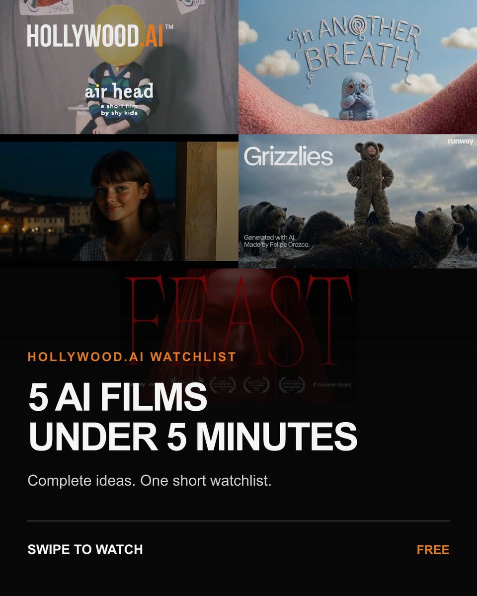 TheHollywood_AI's tweet photo. Five AI films under five minutes—each built as a complete idea, not a demo. A short watchlist 🧵 https://t.co/m2nrJjcNHm
