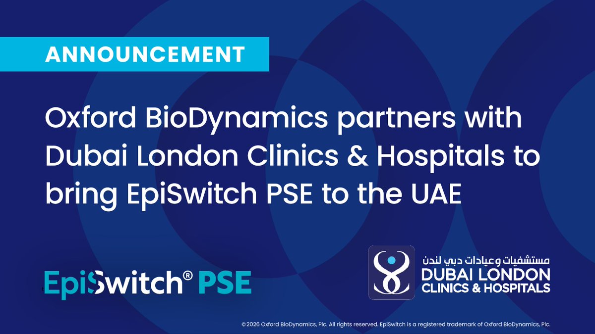 OxBioDynamics's tweet photo. Oxford BioDynamics partners with Dubai London Clinics & Hospitals to bring #EpiSwitchPSE to the UAE, our first commercial partnership for the #prostatecancer detection test in the Gulf region. Read more: https://t.co/HS9rzjqmHO
#OBD #PSE #urology #UAE #Dubai @94percent_com https://t.co/8vw3MHrvrZ