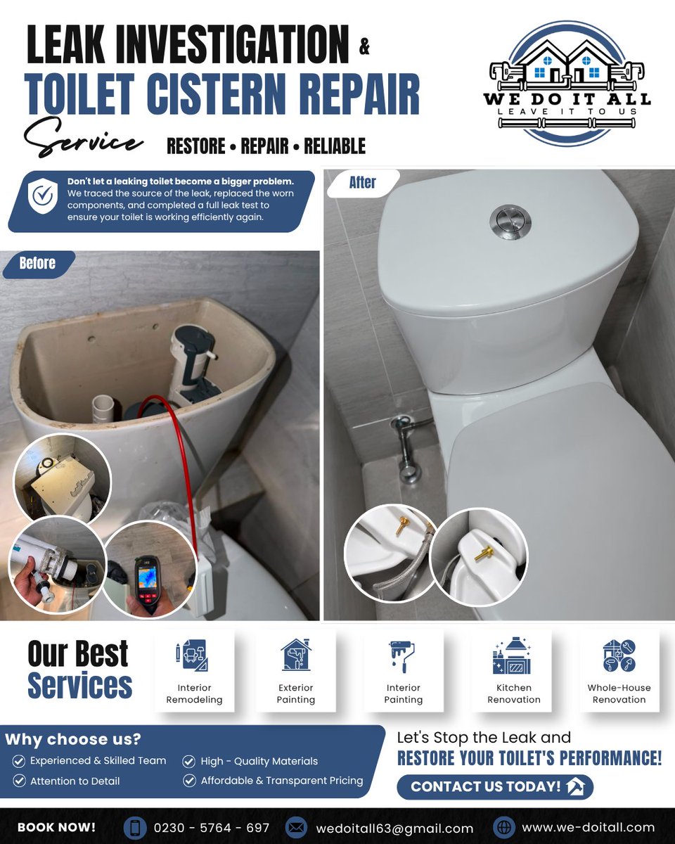 wedoitall63's tweet photo. 🚽 FROM LEAKING TO LEAK-FREE.

A small toilet leak can cause big damage. Our team at We Do It All diagnosed the issue, replaced the worn flush valve, seals, and bolts, and verified a 100% leak-free repair. Reliable service, done right!

Quality repairs. Reliable solutions. https://t.co/xz4nsjb85I