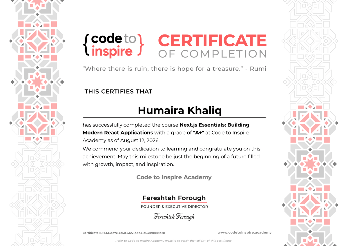 humaira_khaliq2's tweet photo. 🎓 A+ and a certificate I’m genuinely proud of.

Just completed Next.js Essentials at CTI. 

Grateful to Sir @E_Ehrari  for his guidance, and to @CodeToInspire @f_forough  for creating spaces where Afghan women can learn, build, and grow. 🤍

One more milestone. More to come. https://t.co/Vj5XD4AgvW