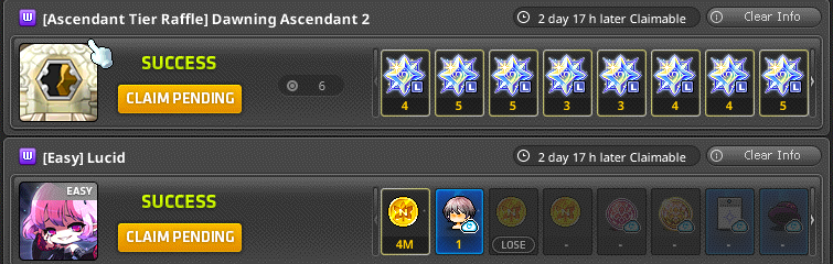 ManThien_Nice's tweet photo. This week's raffle is quite good !!!!!
As last week i'm have try E lucid for testing.
Result quite good with about 4mil ( about 25% to win ) and 4m2 CP
I can't say for sure whether it's better or not, but I'll probably try E-lucid another week.
#msu #maplestory #bucc #DailyMSU https://t.co/clKR6odBUM