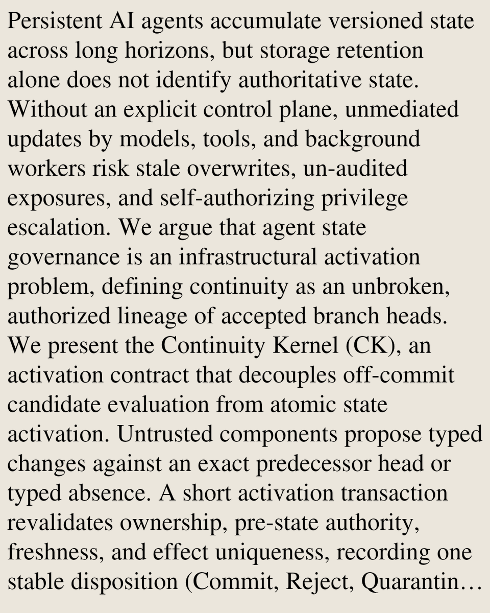 PIN's tweet photo. Beyond Memory: A Transactional Continuity Kernel for Long-Lived AI Agents

Jun He, Deying Yu
https://t.co/4R1BbOIMVz [𝚌𝚜.𝙼𝙰 𝚌𝚜.𝙰𝙸] https://t.co/gqPsd0uB1r