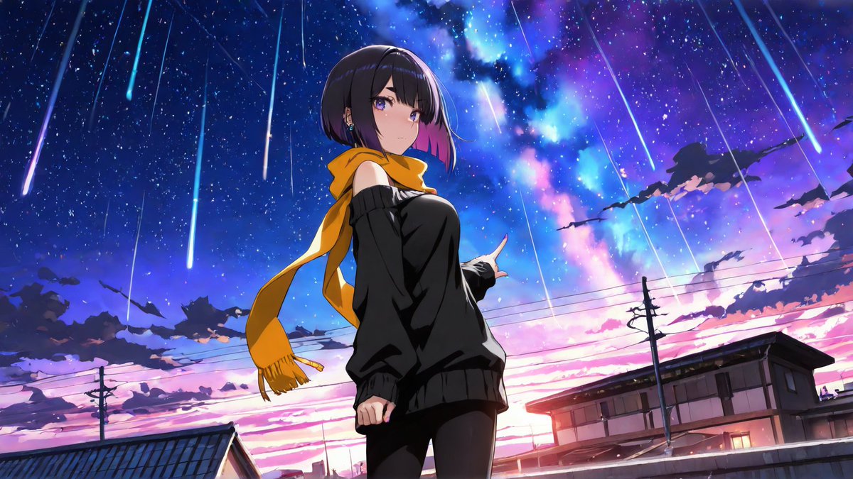 toaruhito_ai's tweet photo. 流星が降り注ぐ夜空の下で。🌌✨
それぞれの場所から見上げる、特別な夜。
A beautiful night beneath a sky full of shooting stars. 🌠
#AIart #AIイラスト #PaletteSeries https://t.co/FJ0fxKXqg8