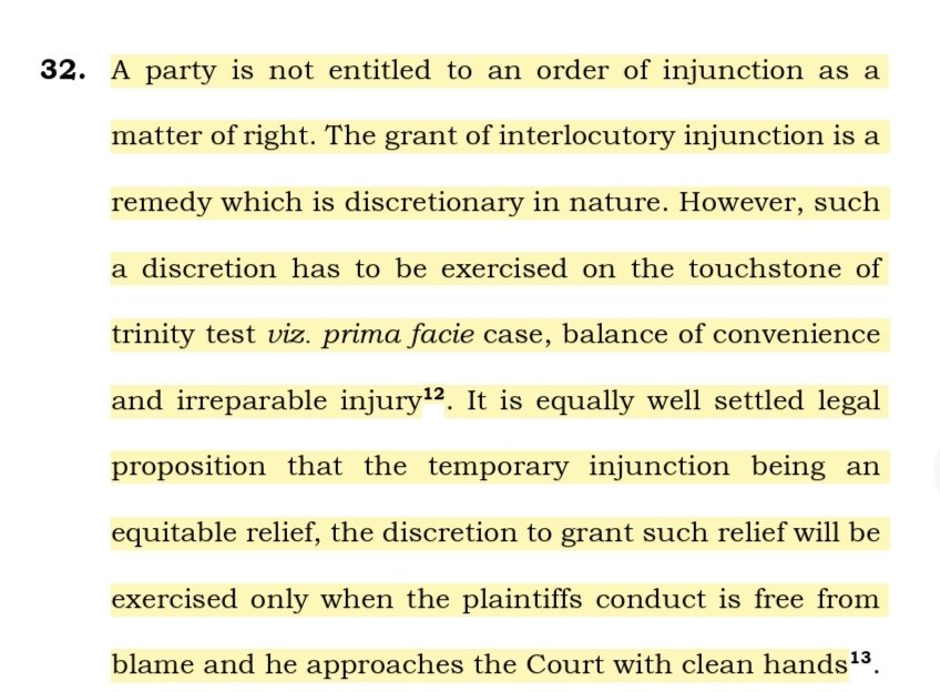 Lawcurb's tweet photo. Injunction Is Discretionary & Requires Clean Hands – Trinity Test Must Be Satisfied
SC: Injunction is discretionary equitable remedy. Trinity test: prima facie case, balance of convenience, irreparable injury. Clean hands required.
#SupremeCourt #InjunctionLaw https://t.co/8IhtDvRT3X