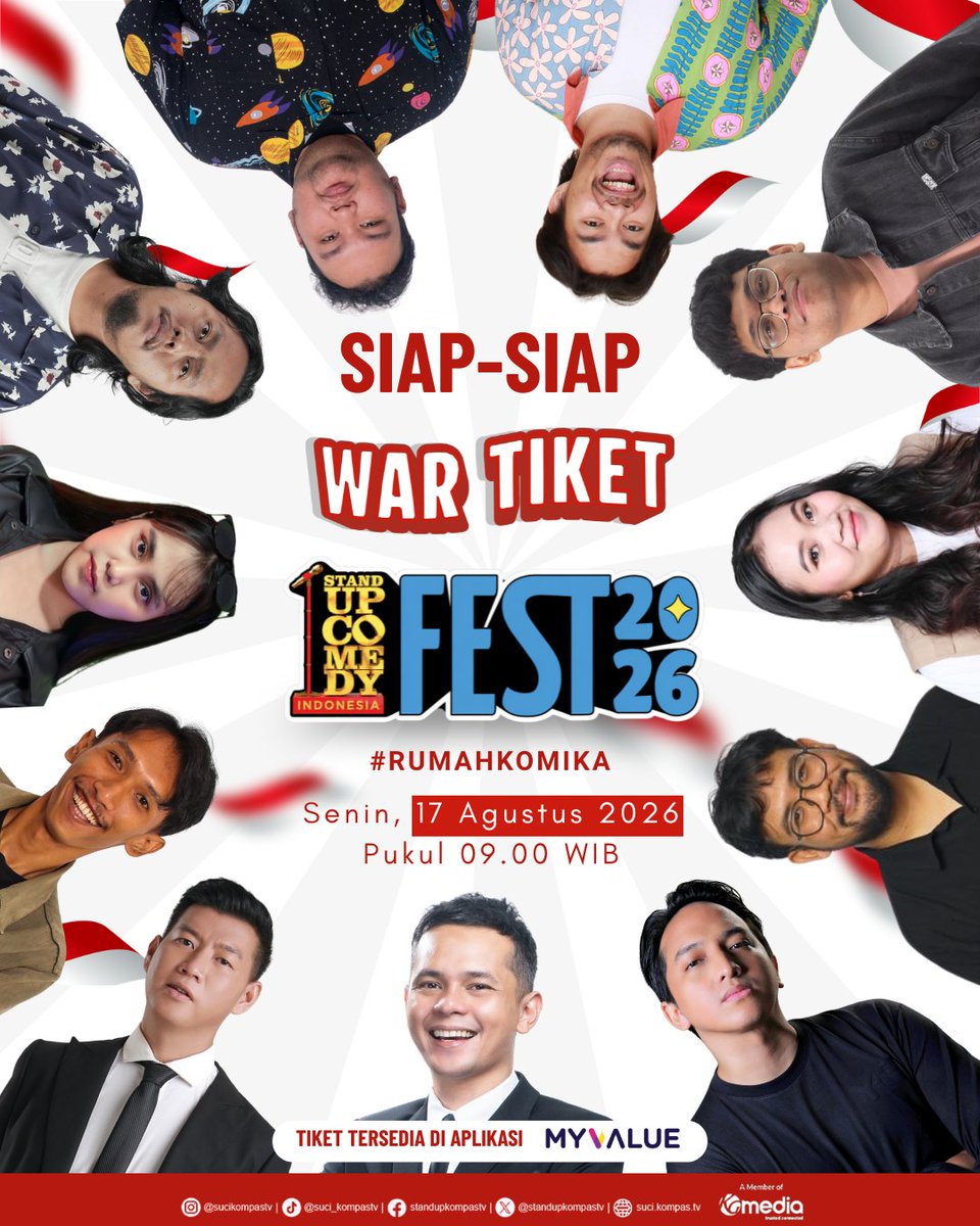 StandUpKompasTV's tweet photo. Puluhan komika bakal kumpul dalam satu panggung! 🤩

Sudah siap jadi bagian dari SUCI Fest 2026?

Catat tanggalnya untuk amankan tiket!
🗓️ 17 Agustus 2026
🕘 09.00 WIB
📲 Hanya di aplikasi MyValue

#SUCIFest2026 #RumahKomika #SUCIKompasTV #StandUpComedyIndonesia https://t.co/9L1BBqaCiC