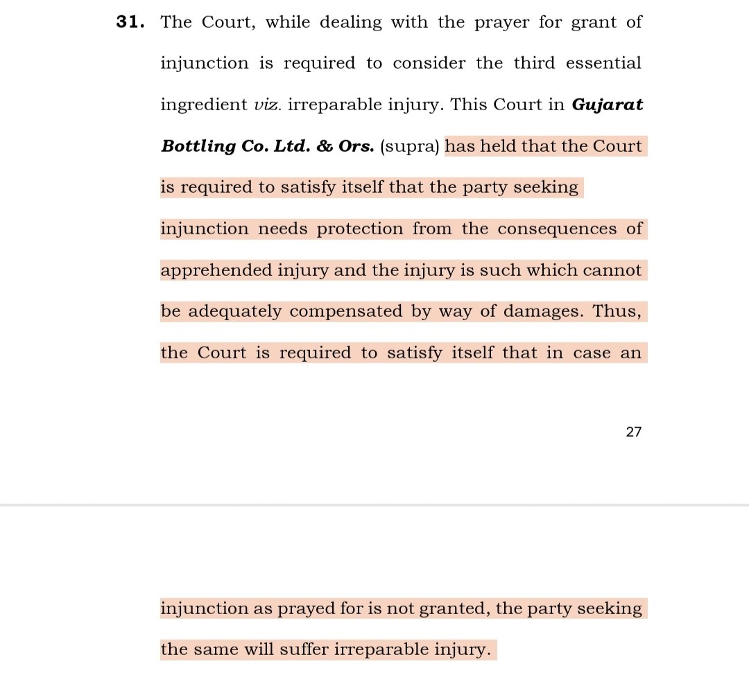 Lawcurb's tweet photo. Irreparable Injury – Third Essential Ingredient for Granting Injunction
SC: Party must establish injury not adequately compensable by damages. Protection from apprehended injury necessary.
#SupremeCourt #InjunctionLaw https://t.co/iyit98g989
