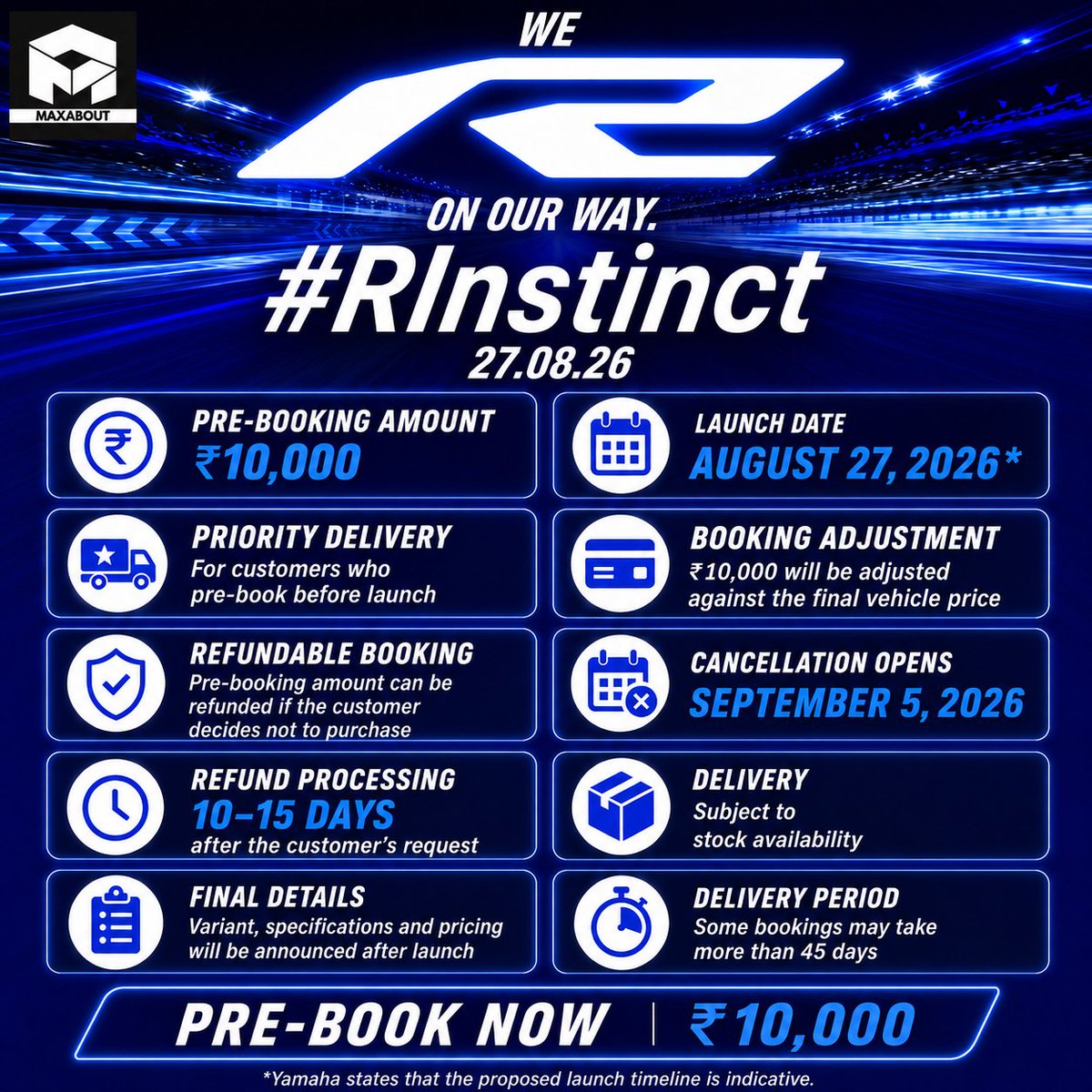 maxabout's tweet photo. 🏍️ Yamaha R2 Pre-Bookings Open !
Yamaha has opened pre-bookings for the upcoming R2 supersport at ₹10,000 ahead of its August 27 launch. Positioned between the R15 & R3.
Will the R2 beat the KTM RC 200? ⚡️
#YamahaR2 #Yamaha #BikeNews #RSeries https://t.co/XuZh3uOQ8r