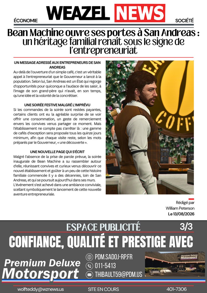 WZN_SA's tweet photo. ☕️ Bean Machine ouvre ses portes à San Andreas : un héritage familial renaît sous le signe de l'entrepreneuriat
#BeanMachine #SanAndreas #Ouverture #Entrepreneuriat #Café #Gouverneur #Business #NouveauCommerce #LoganWheeler #HéritageFamilial https://t.co/KNRFd2IItX