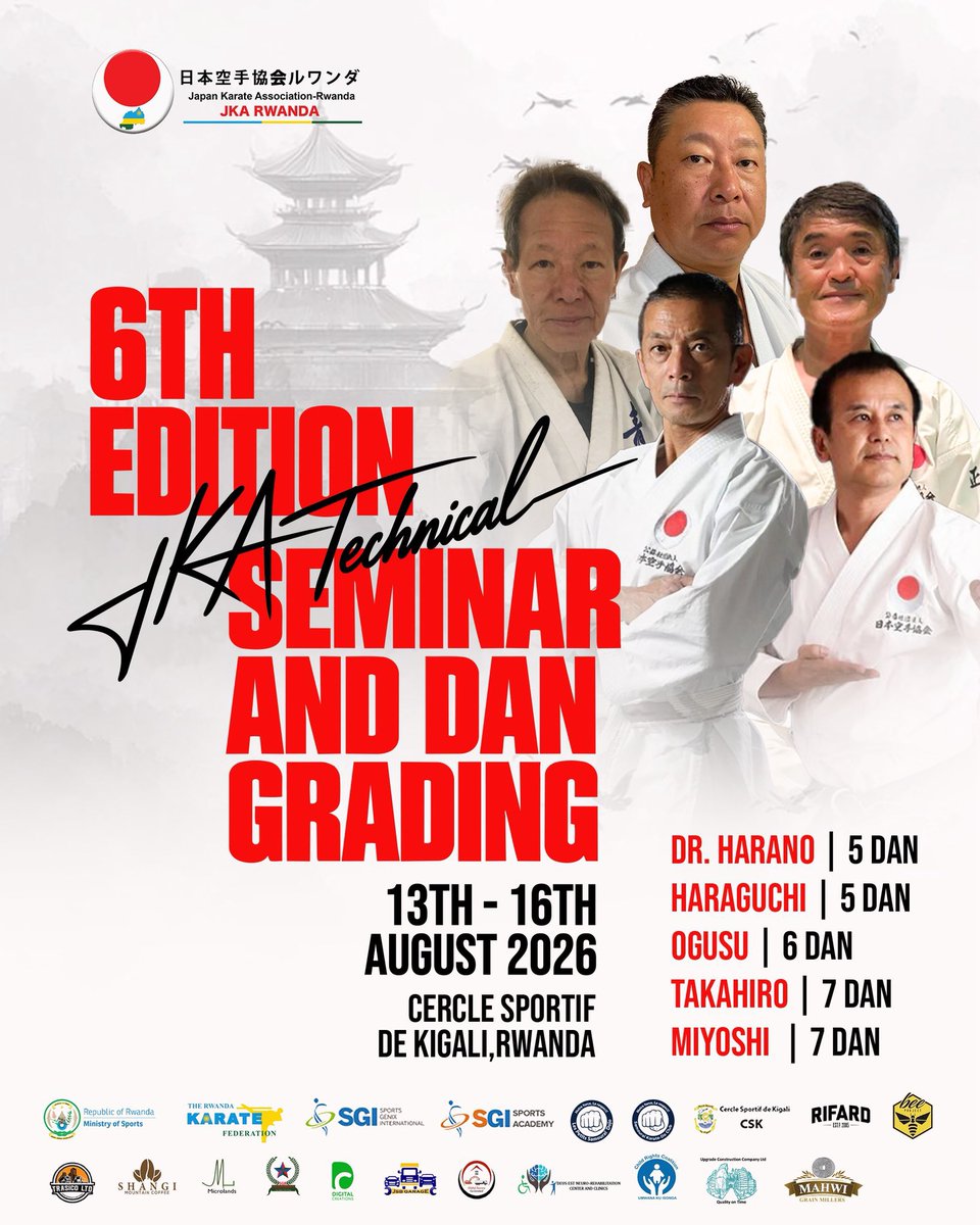 RwandaKarate's tweet photo. 🥋 Today is the Day! The Rwanda Karate Family is ready to learn from the very best as the 6th JKA Technical Seminar and Dan Grading officially begins in Kigali. 🇷🇼🇯🇵

A special thanks to @jkaRwanda for creating this outstanding opportunity &amp; promote the spirit of karate. Oss!👊🔥 https://t.co/fOiQVXmfRd