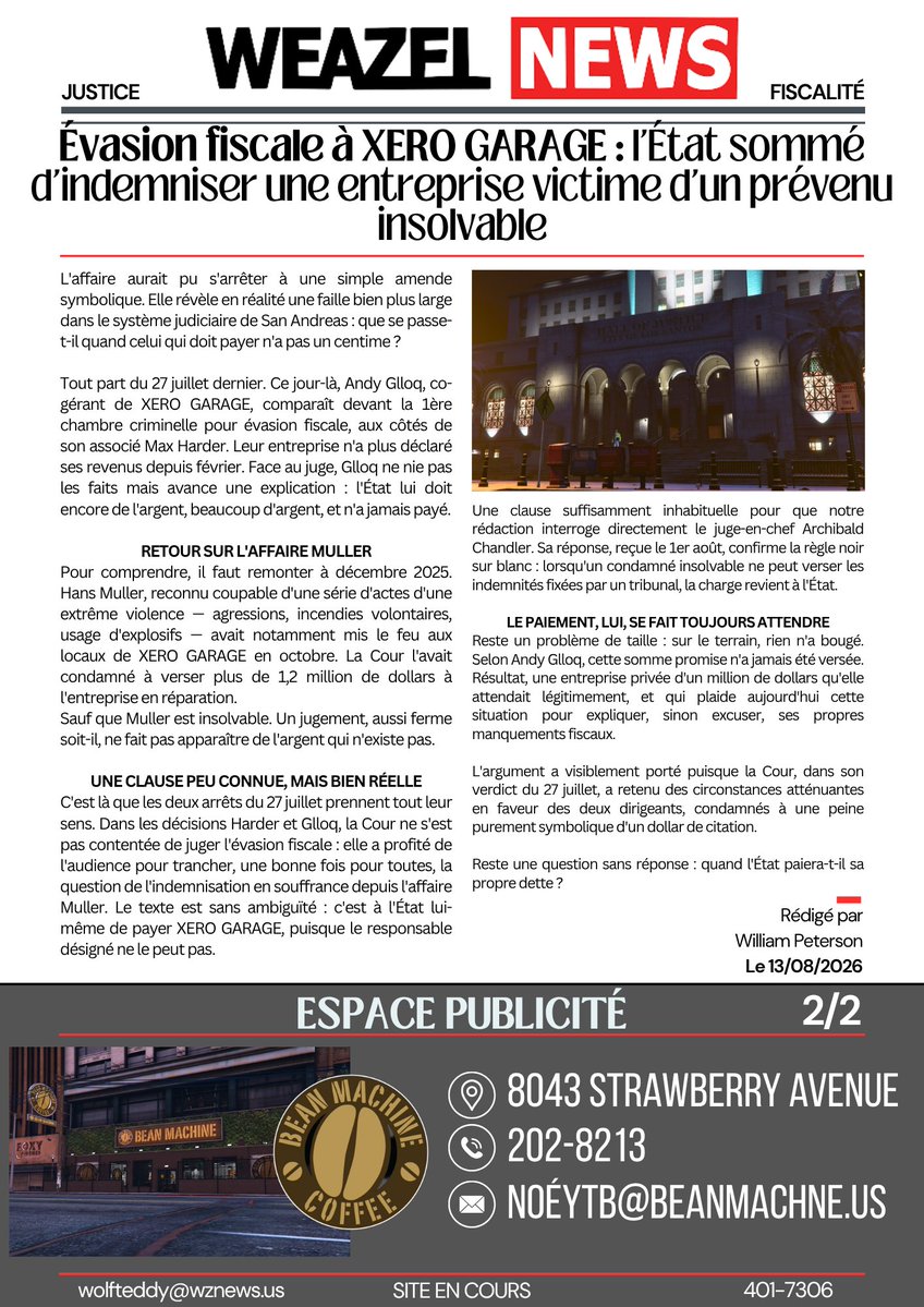 WZN_SA's tweet photo. 🚨 Évasion fiscale à XERO GARAGE : l'État sommé d'indemniser une entreprise victime d'un prévenu insolvable.
#SanAndreas #WeazelNews #Justice #XeroGarage #LosSantos #Fiscalité #ÉvasionFiscale #Tribunal #AffaireMuller #JusticeRP #ChiefJudge | #GTARP #GTAV #SADoJ https://t.co/T7CZnKItTD
