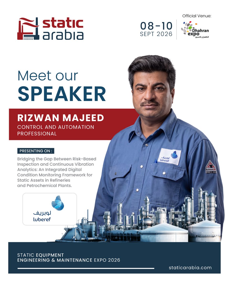 STATICARABIA's tweet photo. We are pleased to welcome Engr. Rizwan Majeed Abdul Majeed Control and Automation Professional at @AramcoLUBEREF , as a Speaker at @STATICARABIA  2026, taking place 8–10 September 2026 at Dhahran Expo, Al Khobar, KSA.

Register to attend: https://t.co/aLHsoDn50P https://t.co/5vn0zNGnVr