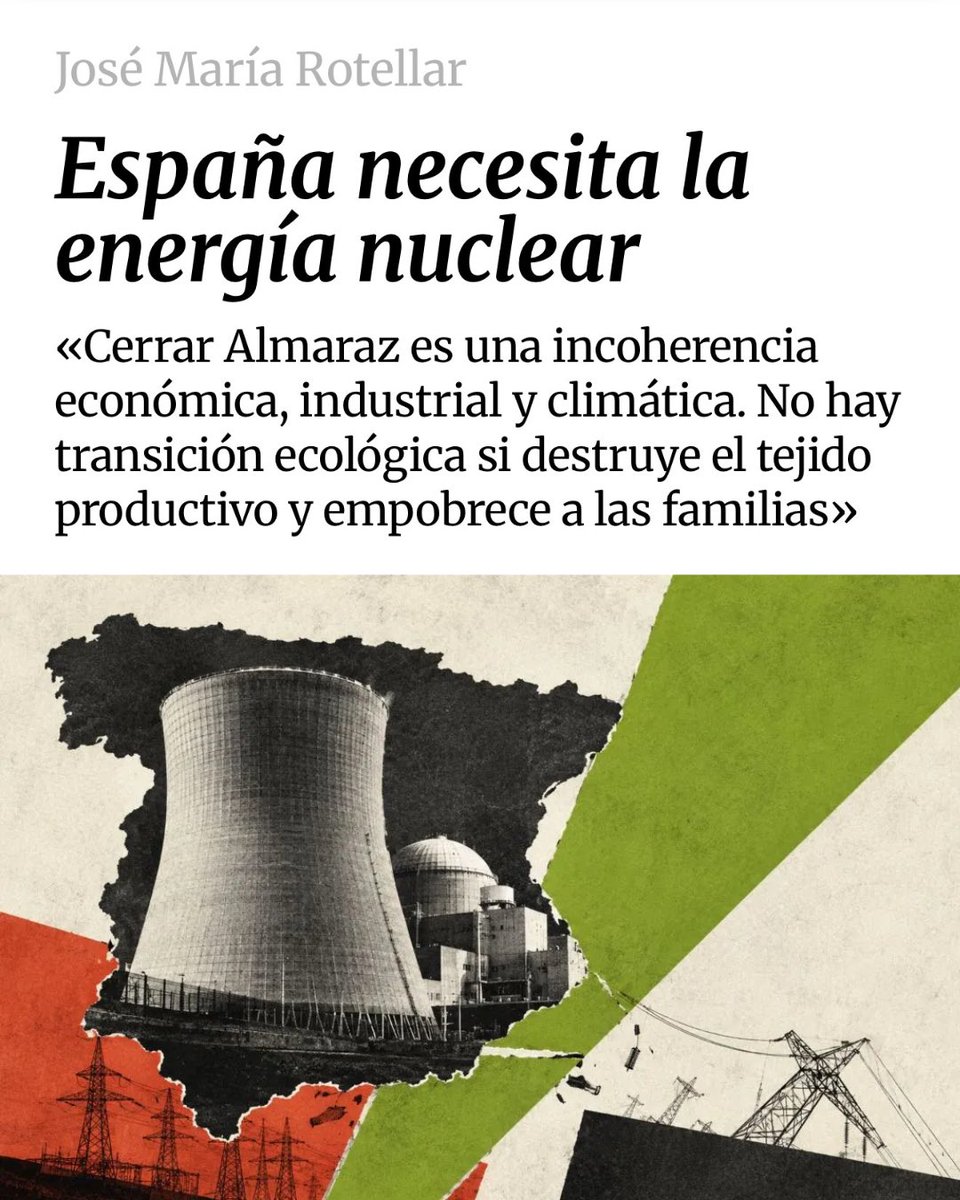 OperadorNuclear's tweet photo. España necesita la energía nuclear. José María Rotellar analiza el coste de cerrar nuestros reactores, la pérdida de potencia firme y competitividad industrial y la paradoja de prescindir de ellos mientras otros países europeos prolongan su vida útil o construyen nuevas centrales.
https://t.co/kdIqJ8xCLF