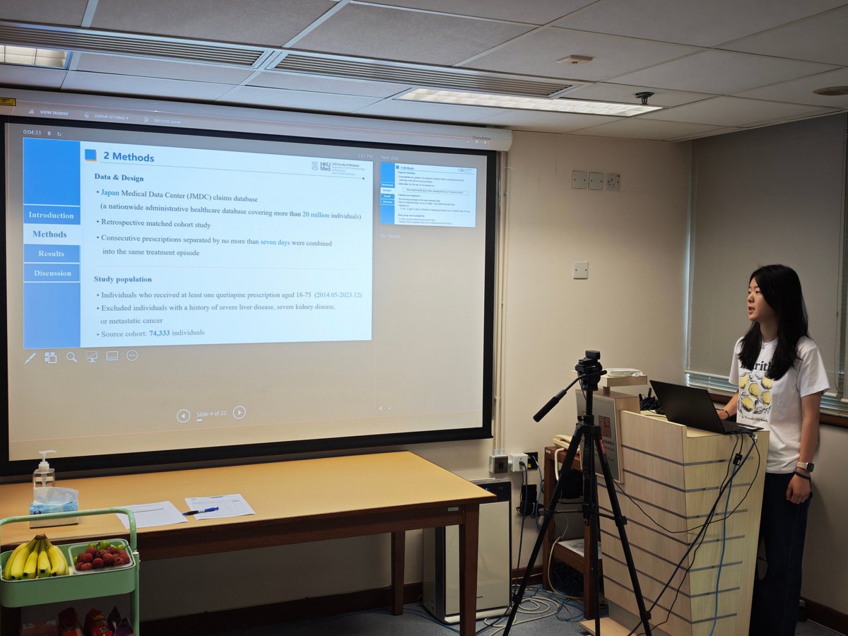 HKU_FMPC's tweet photo. On July 16, Xinya Mu, PhD from Prof. Francisco Lai's team presented her research at the FMPC Departmental Research Meeting on the real-world safety of co-prescribing Chaihu (Bupleurum) formulas with quetiapine.
 
She explained that Chaihu formulas, widely prescribed in East Asia, may interfere with the CYP3A4 enzyme responsible for metabolising quetiapine, potentially altering the drug's safety profile.
 
Using a large-scale Japanese insurance claims database with over 37,000 episodes, the study found that co-prescribing was associated with a 28% increased risk of acute adverse events, primarily central nervous system depression, most pronounced during days 8 to 30.
 
These findings underscore the importance of screening for traditional Chinese medicine use when prescribing psychiatric medications and call for systematic evaluation of herb–drug interactions to safeguard patient safety.

#HerbDrugInteraction #RealWorldEvidence #Pharmacoepidemiology #PatientSafety #TCM #HKUMed #HKUFMPC