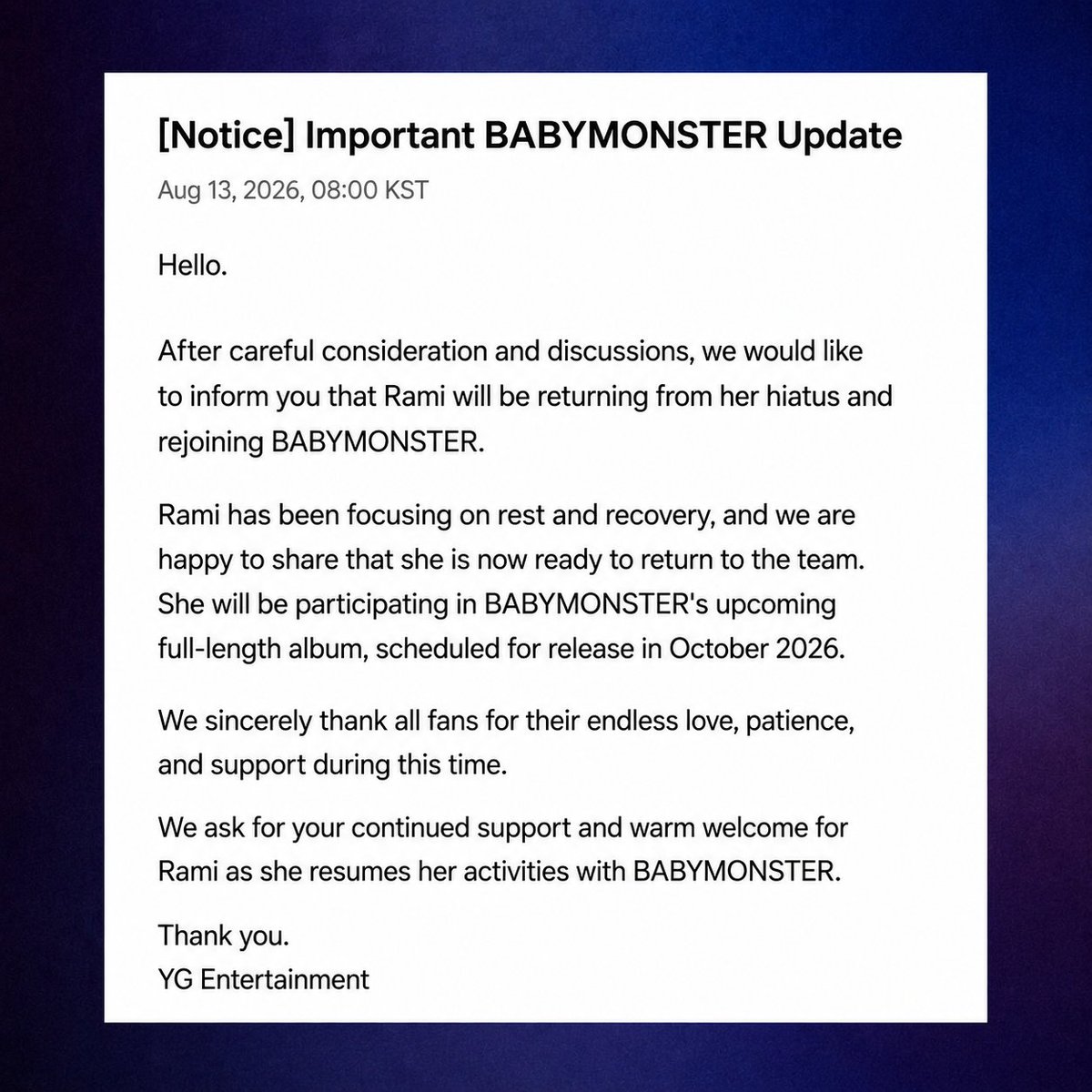babymonjeanz's tweet photo. 🚨 YG Entertainment has announced BABYMONSTER Rami’s return from hiatus. https://t.co/qdyASdlSkO