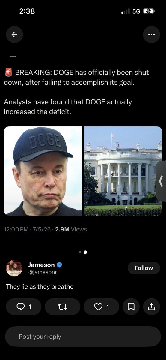 DestinyW21309's tweet photo. @jamesonr @coramdeoDan @EricLDaugh @SixStater You Jameson, shared a lie. DOGE didn’t get “shut down” as you shared the claim it did. DOGE self destructed as Elon said it would as part of its existence back in 2025. I distinctly remember Elon saying DOGE wouldn’t last long, about 18 months. And Elon was true to his word. https://t.co/OF546Hqk3O