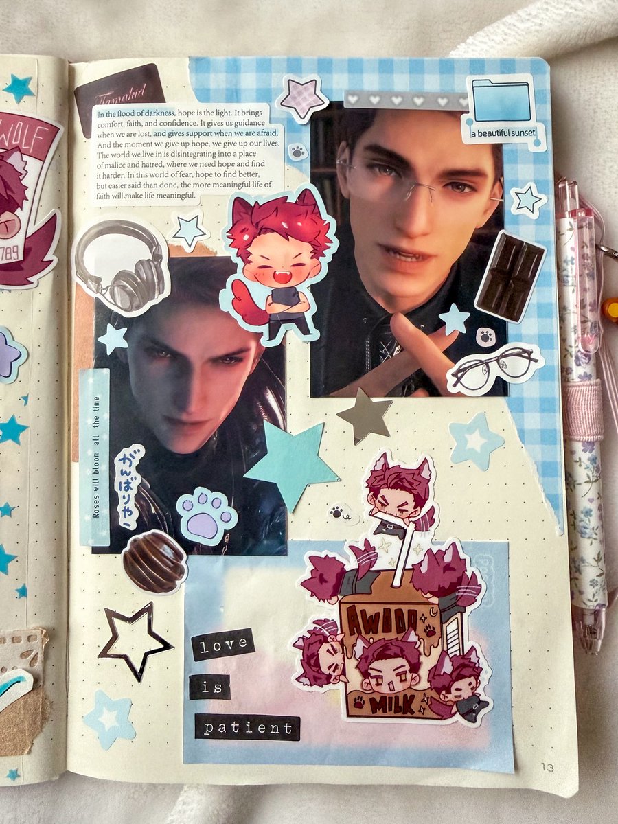 fayelwithluv's tweet photo. here’s my finished valko junk journal spread! 🐺🐾🩵

it’s not the best, it’s been a while since i junk journaled but i had a lot of fun making it! i was so excited to use all my valko stickers 🥹

#BringValkoBack #LadsIs6 #全世界都爱敖尹 https://t.co/X8VuNegsFD