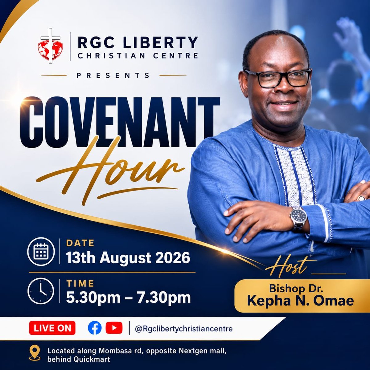 RGCLCC's tweet photo. Welcome to the In-Person Thursday Covenant Hour Service happening today evening (13th August 2026) from 5:30pm-7:30pm.

The Service will also be streamed LIVE via YouTube and Facebook @ RGC Liberty Christian Centre. Stay tuned https://t.co/NPLL0eDH2g