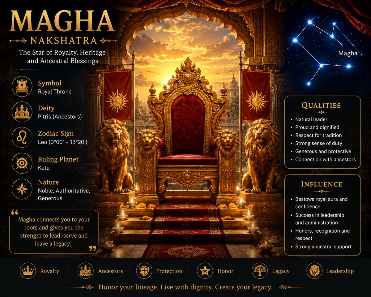 chetanm32893495's tweet photo. Today Zodiac has Magha Nakshatra 👑
People born in this sign represents
🏛️ Symbol of the throne — ancestral wisdom, authority and royal dignity.
✨ It connects us with our roots, empowering us to lead with honour, pride and purpose.
#Zodiac #jyotish #Astrology #stars #signs https://t.co/LCs5oPtN8n