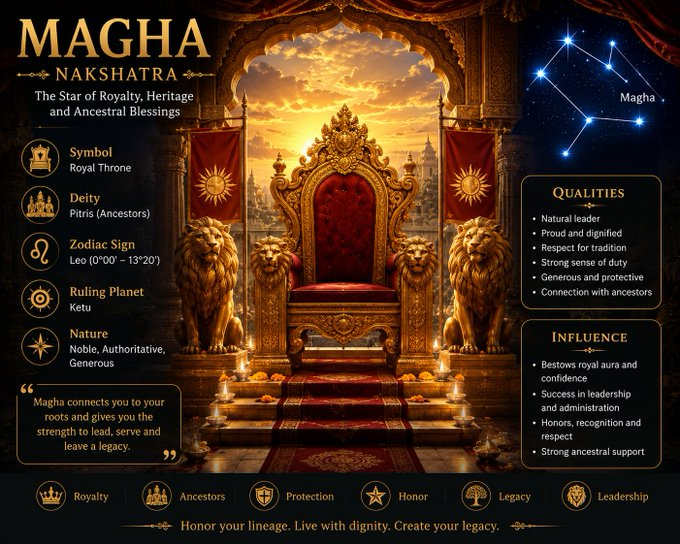 chetanm32893495's tweet photo. Today Zodiac has Magha Nakshatra 👑
People born in this sign represents
🏛️ Symbol of the throne — ancestral wisdom, authority and royal dignity. ✨ It connects us with our roots, empowering us to lead with honour, pride and purpose.
#Zodiac #jyotish #Astrology #stars #signs https://t.co/n92ihf3P4s