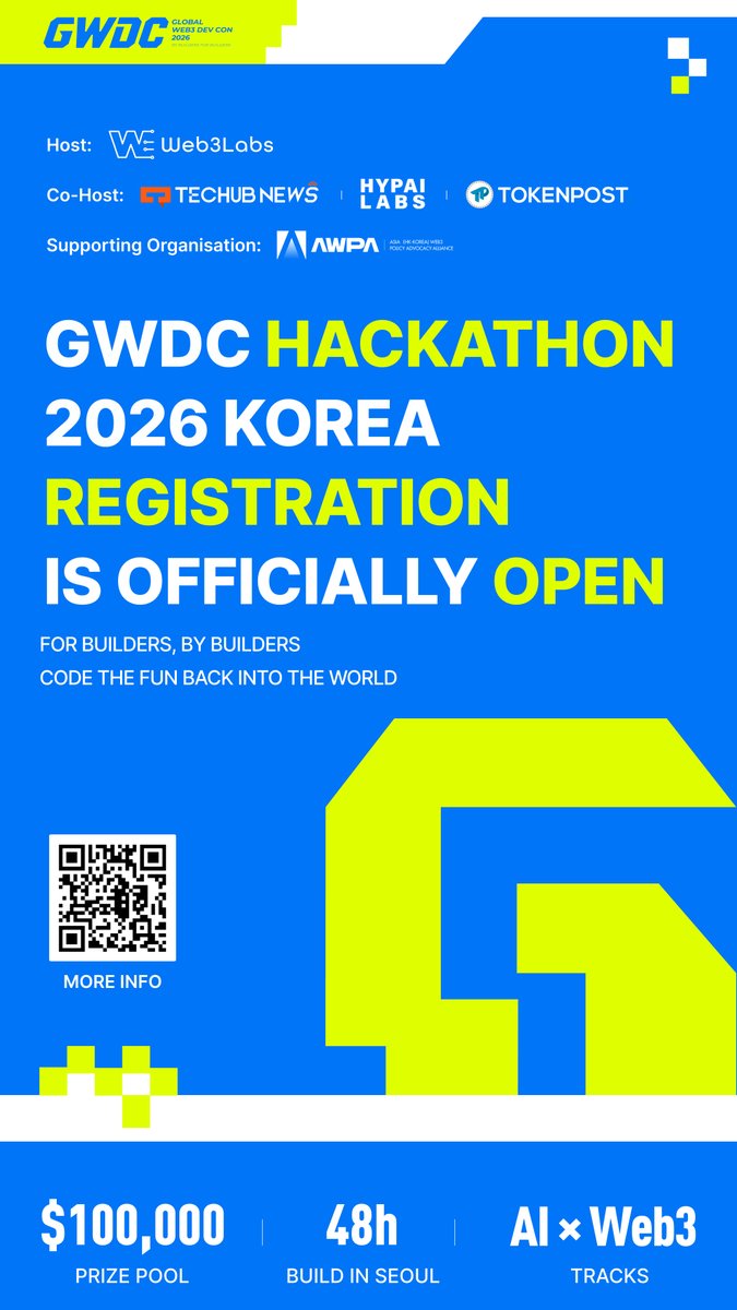 GWDC2026's tweet photo. 🔥 2026 GWDC KOREA Hackathon is officially LIVE! 
For Builders, By Builders — Code the Fun Back into the World!

Hosted by @Web3Labs_Club and Co-hosted by @Techub_New , HypaiLabs & @tokenpost , supported by 100+ top global media, business partners, and university blockchain associations, bringing you Asia's flagship hacker festival!

⭐️ Hackathon Highlights:
- $100K+ USD Exclusive AI × Web3 Prize Pool
- 500+ Global Top Builders competing live on-site
- Direct access & mentorship with top VCs, LLM teams, and Web3 ecosystem leaders
-Global reach backed by 100+ media channels & university blockchain alliances

📅 Date: September 28–30, 2026 (aT Center, Seoul)
⏳ Developer Submission Deadline: September 27, 2026

👇 Register Now / Learn More:
🔗 Details: https://t.co/81k3cVHXCi
🛠️ Hackathon Developer Registration: https://t.co/wbTa8PMp3w
💬 Hackathon Developer TG Group: https://t.co/pXIDbO2y5r
