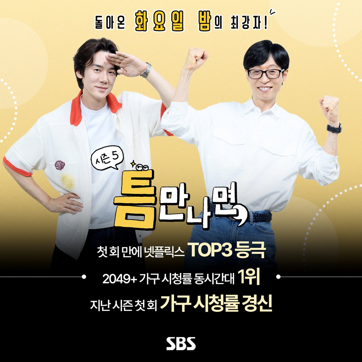 SBSNOW's tweet photo. 아! 기다리고 기다리던
틈새 공략 버라이어티 <틈만나면,>이 다시 돌아왔습니다🙇

돌아온 화요일 밤의 최강자! <틈만나면,>❤️‍🔥

🏅첫 회 만에 넷플릭스 TOP3 등극!
🥇2049+가구 시청률 동시간대 1위!
🏅지난 시즌 첫 회 가구 시청률 경신!

SBS <틈만나면,>
☞ [화] 밤 9시

#SBS #틈만나면 #WheneverPossible