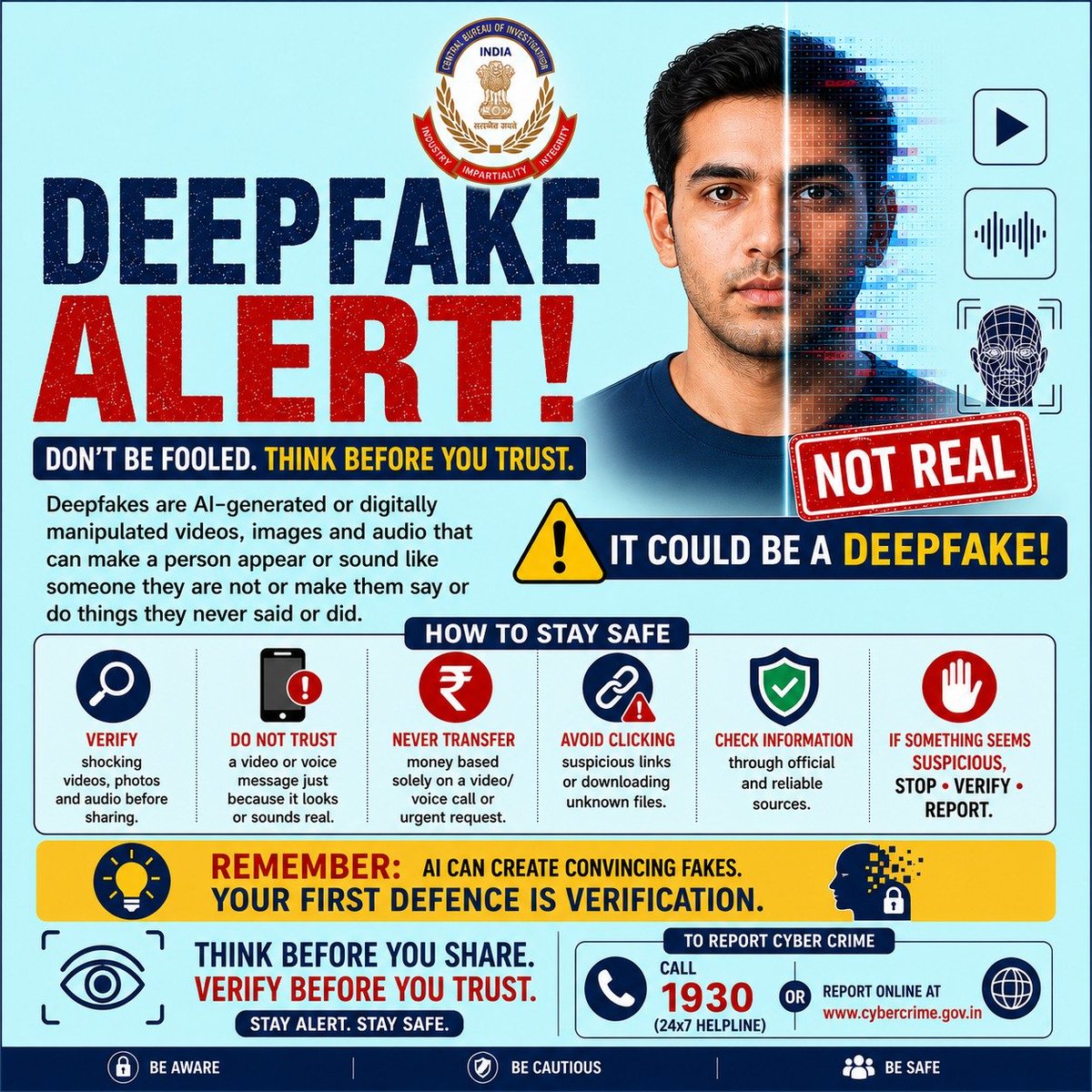 CBIHeadquarters's tweet photo. 🚨DEEPFAKE ALERT🚨
 VERIFY BEFORE YOU TRUST‼️

Deepfakes are AI-generated or digitally manipulated videos, images and audio that can make a person appear to say or do things they never actually said or did.

⚠️ STAY ALERT
· 🔍 Verify shocking videos, photos and audio before sharing.
· 📱 Do not trust a video or voice message just because it looks or sounds real.
· 💰 Never transfer money based solely on a video/voice call or urgent request.
· 🔗 Avoid clicking suspicious links or downloading unknown files.
· 📢 Check information through official and reliable sources.
· 🛑 If something seems suspicious, STOP • VERIFY • REPORT.

REMEMBER:
 👉 AI can create convincing fakes. Your first defence is verification.

Report Cyber Crime: Dial 1930 or visit https://t.co/VrBrTWOPDY