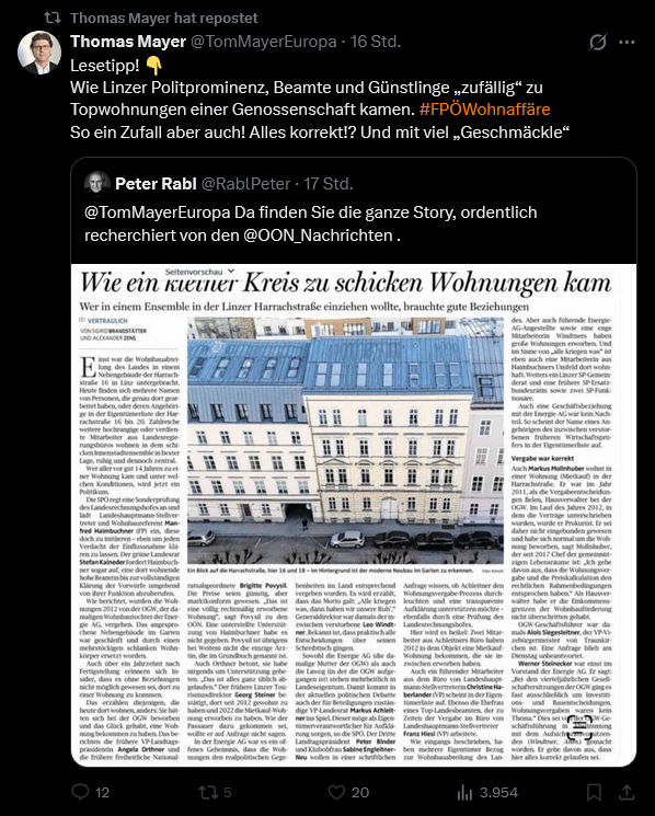 Politprimat's tweet photo. Dem #Standard, #Gepp und #Mayer fliegt die Wohnungsstory nur so um die Ohren. Er verlinkt einen ausführlich recherchierten ÖON-Artikel via Rabl, der Hainbuchner praktisch entlastet.
Aber Mayer: "FPÖ FPÖ FPÖ" und tagged es als #FPÖWohnaffäre. Der zweite Screenshot zeigt warum. https://t.co/AaKBXcmDb1