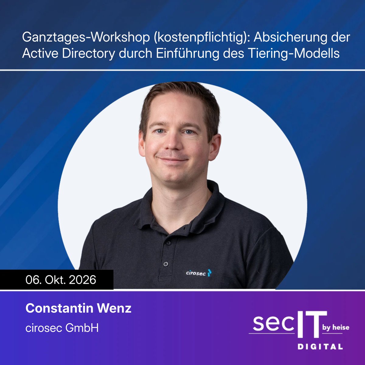 cirosec's tweet photo. Wir sind auf der secIT digital by heise dabei! 🥳

Absicherung der Active Directory durch Einführung des Tiering-Modells
Im ganztägigen Workshop vermittelt unser Berater Constantin Wenz praxisnah die Grundlagen zur Absicherung von Active-Directory-Infrastrukturen. Die Teilnehmer lernen typische Angriffsvektoren, das Microsoft-Tiering-Modell sowie Werkzeuge wie PingCastle und BloodHound kennen und erfahren anhand praxisnaher Beispiele, wie Windows-Infrastrukturen besser geschützt werden können.

Jetzt Ticket sichern: https://t.co/1Sm3On0IhW

#secIT #heise #CyberSecurity #ITSicherheit #ActiveDirectory #Workshop #PingCastle #BloodHound