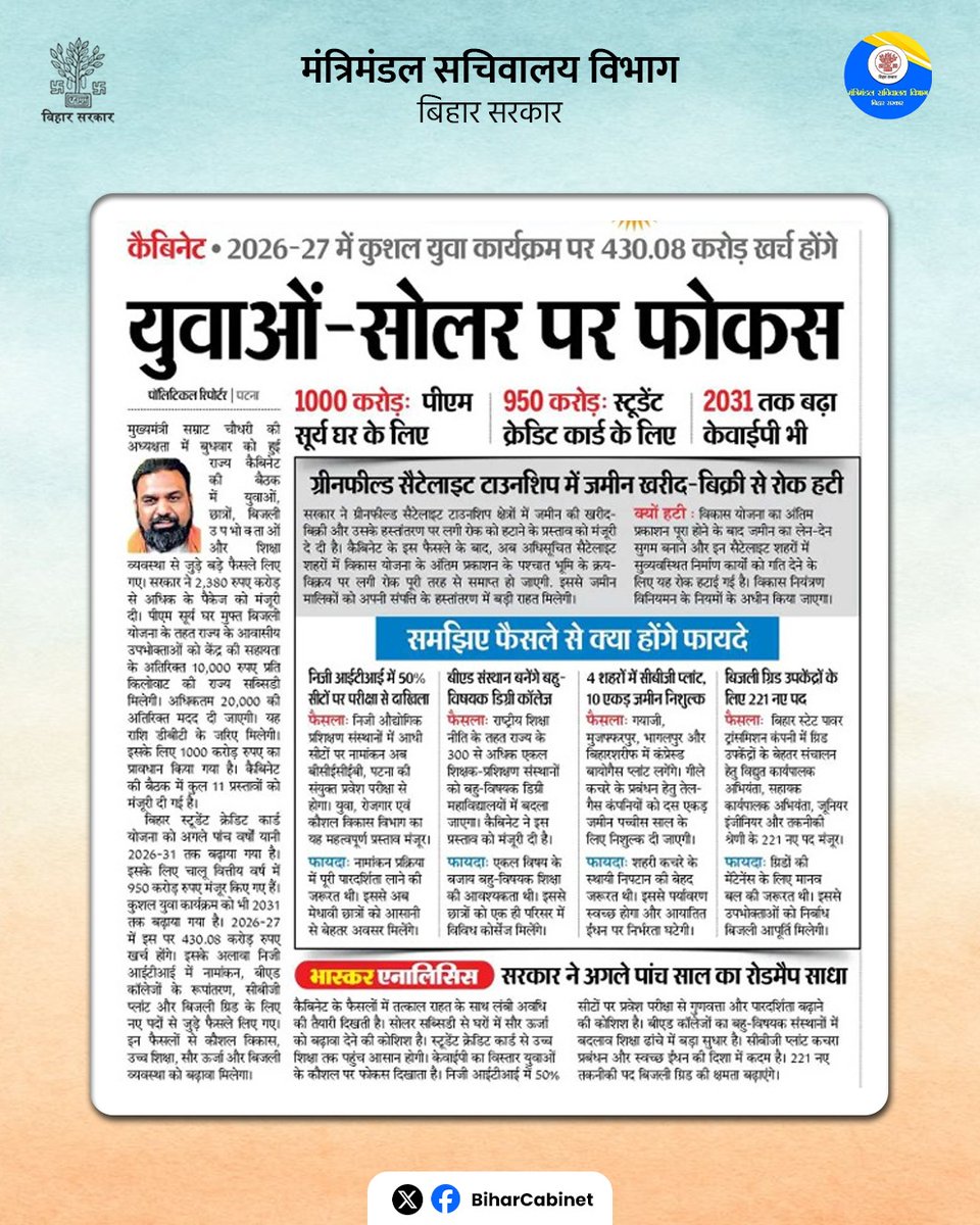 BiharCabinet's tweet photo. 🏛️ कैबिनेट का बड़ा फैसला
🎯 कुशल युवा कार्यक्रम पर ₹430.08 करोड़ खर्च होंगे
बिहार सरकार का फोकस "युवा सशक्तिकरण और सौर ऊर्जा" पर।
👨🎓 कुशल युवा — बेहतर प्रशिक्षण और रोजगार के अवसर
☀️ सोलर — स्वच्छ ऊर्जा को बढ़ावा
#KushalYuvaProgram #KYP
#YouthEmpowerment
#SkillDevelopment https://t.co/R8sq1DZ965