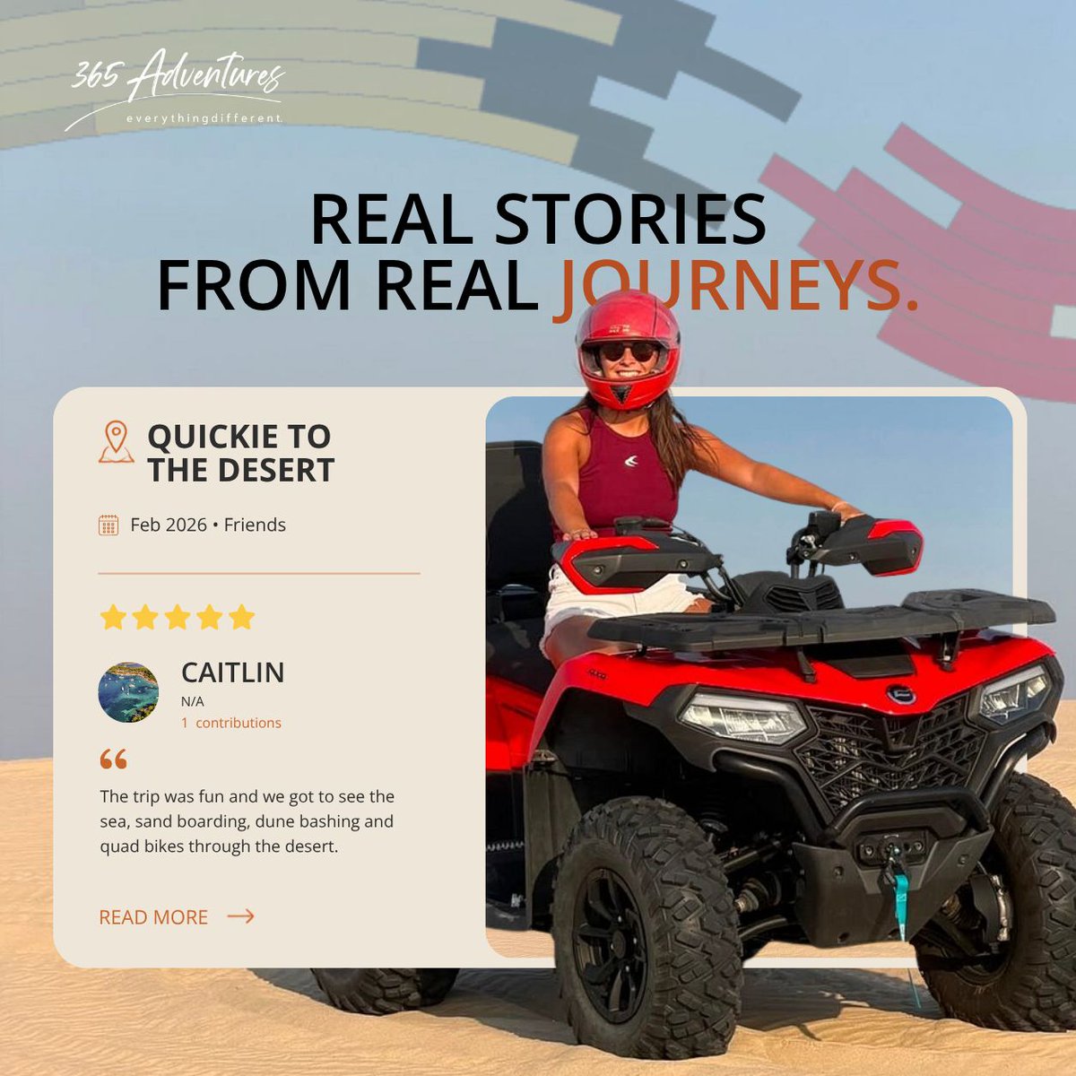 365adventures_'s tweet photo. Whether you want a quick day trip like Caitlin's 5-star desert run or a full custom itinerary for your visit, 365 Adventures has you covered.

#VisitQatar #QatarTravel #TripItinerary #365Adventures #RealJourneys #CustomerReview https://t.co/ATSXjpkfP7