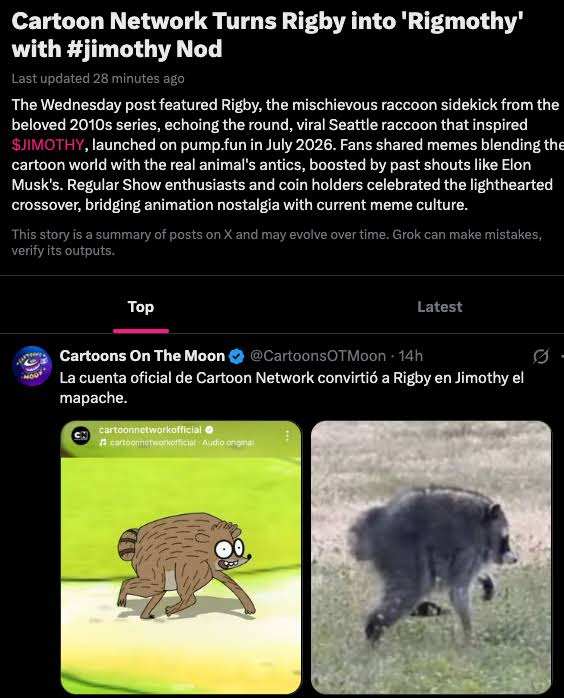 FomoDeployer's tweet photo. This is so good...

Cartoon Network just dropped a new narrative for trenchers with a new racoon meme named "Rigmothy" 🤣🤣

A page is trending with so many people memeing the new cartoon racoon

https://t.co/VFDOyEFixE

We saw Jimothy hit 15M+

Rigmothy is the Cartoon meme version of him!!!