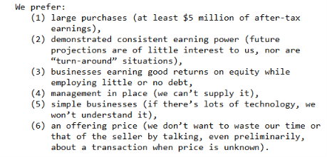 teechongyen's tweet photo. Warren Buffett on his acquisition criteria in $BRK.A  shareholders letter in 1983.

Note 
Point 2: Demonstrated consistent earning power, Buffett is not interested in future projections or any turn around situation.

Point 3: Businesses earning good return on equity while employing LITTLE OR NOT DEBT.