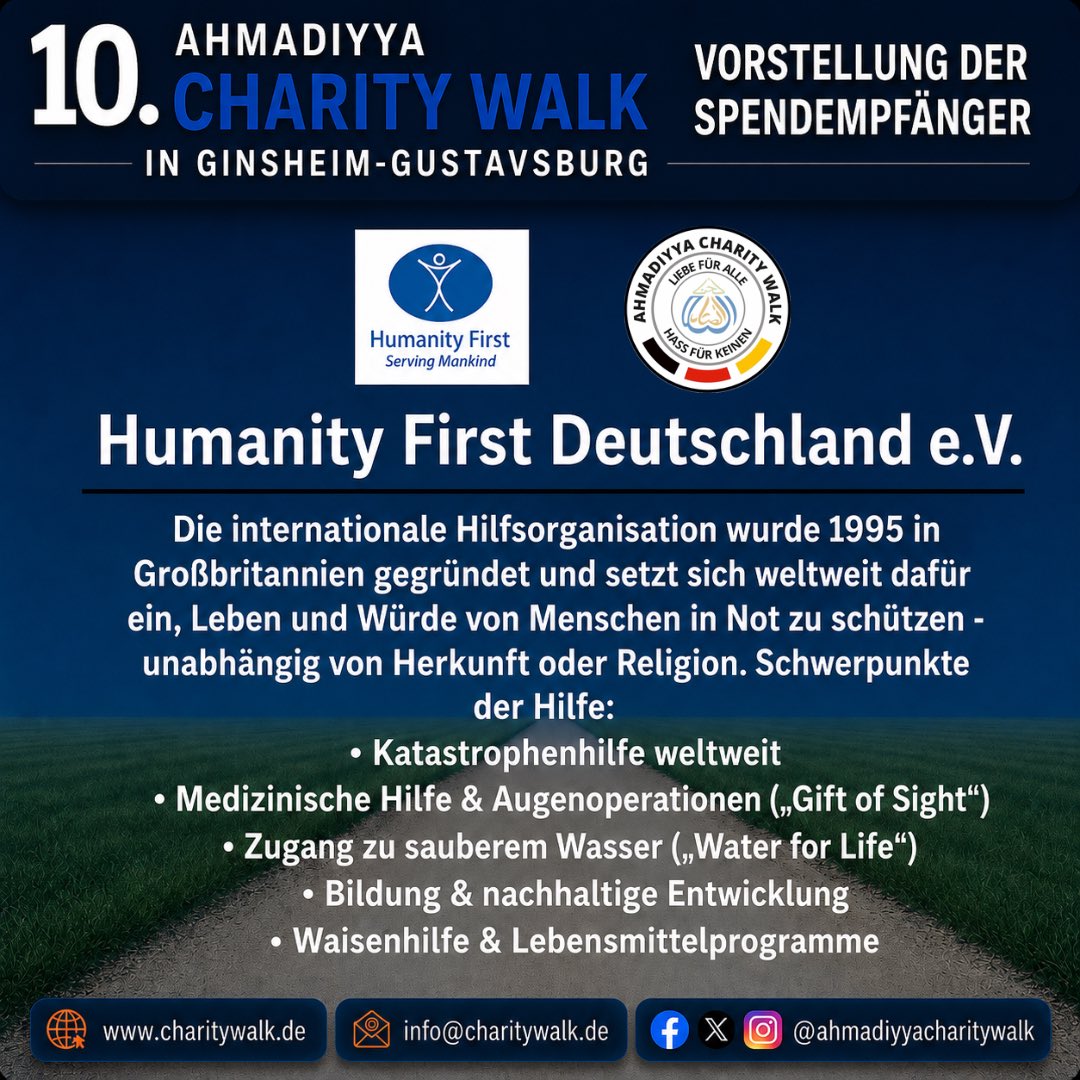 ahmadiyyacw's tweet photo. Vorstellung der Spendenempfänger zum 10. Ahmadiyya Charity Walk in Ginsheim-Gustavsburg. Wir freuen uns sehr, dass der diesjährige Erlös an die Jugendabteilungen des FC Germania 05 Gustavsburg e.V. und des TV Gustavsburg 1898 e.V., sowie an @HumanityFirstDE gespendet wird. https://t.co/CtvEDVDDgJ