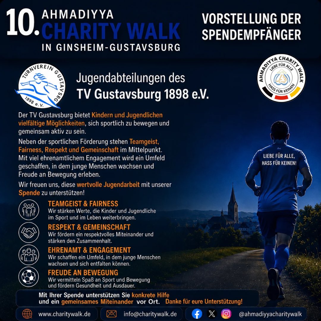 ahmadiyyacw's tweet photo. Vorstellung der Spendenempfänger zum 10. Ahmadiyya Charity Walk in Ginsheim-Gustavsburg. Wir freuen uns sehr, dass der diesjährige Erlös an die Jugendabteilungen des FC Germania 05 Gustavsburg e.V. und des TV Gustavsburg 1898 e.V., sowie an @HumanityFirstDE gespendet wird. https://t.co/CtvEDVDDgJ